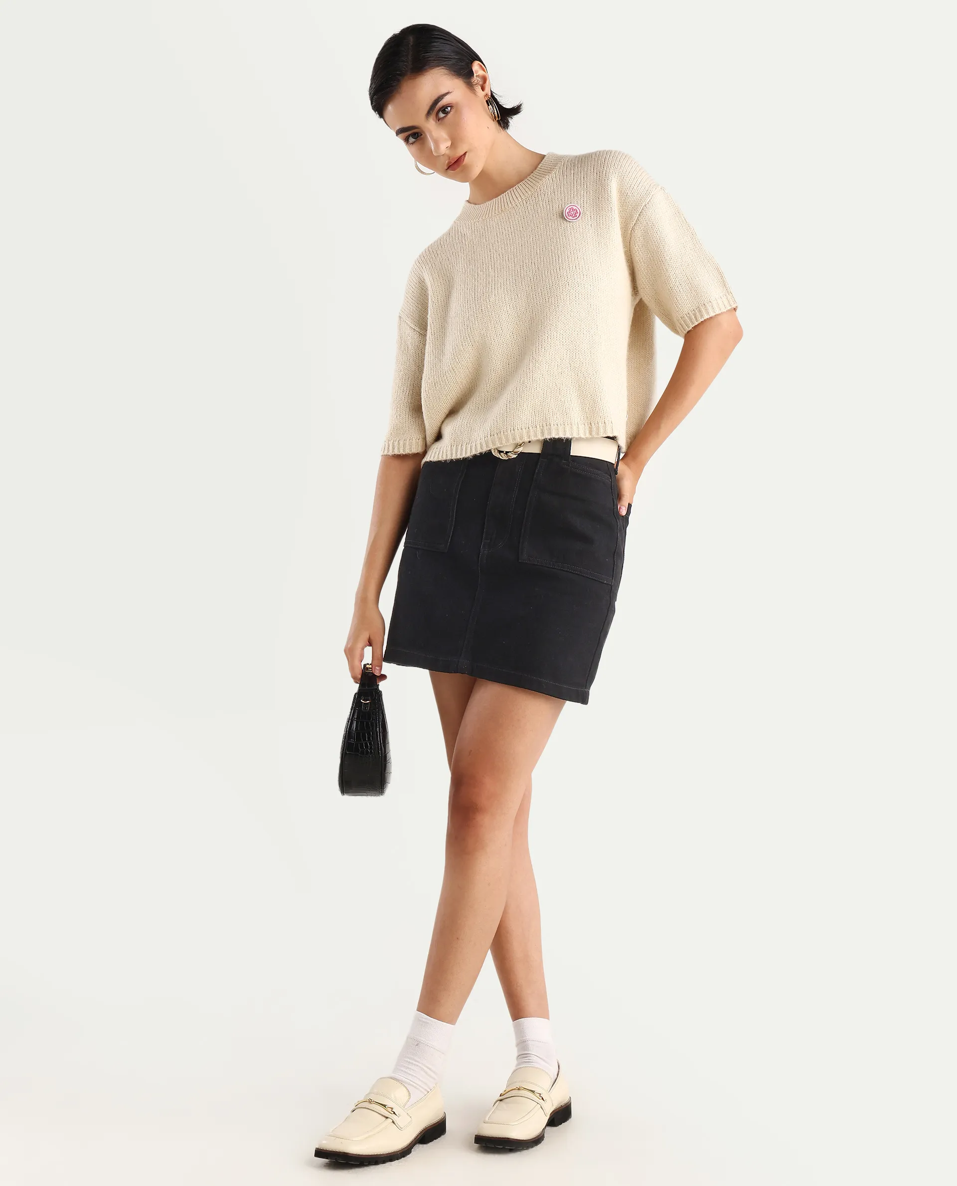Rareism Women's Kenty Light Beige Acrylic Crew Neck Striped Crop Relaxed Fit Sweater - Image 2