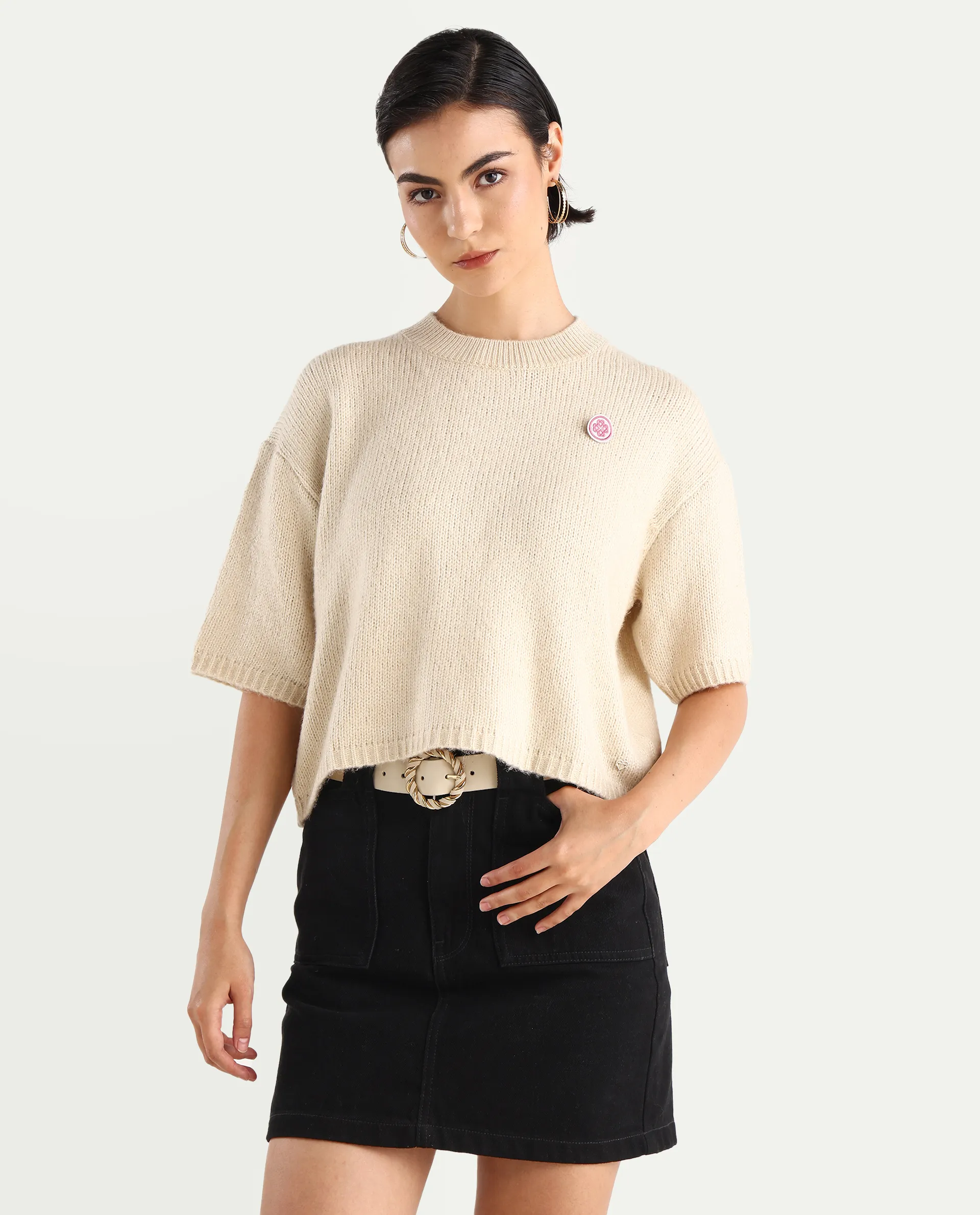 Rareism Women's Kenty Light Beige Acrylic Crew Neck Striped Crop Relaxed Fit Sweater - Image 3