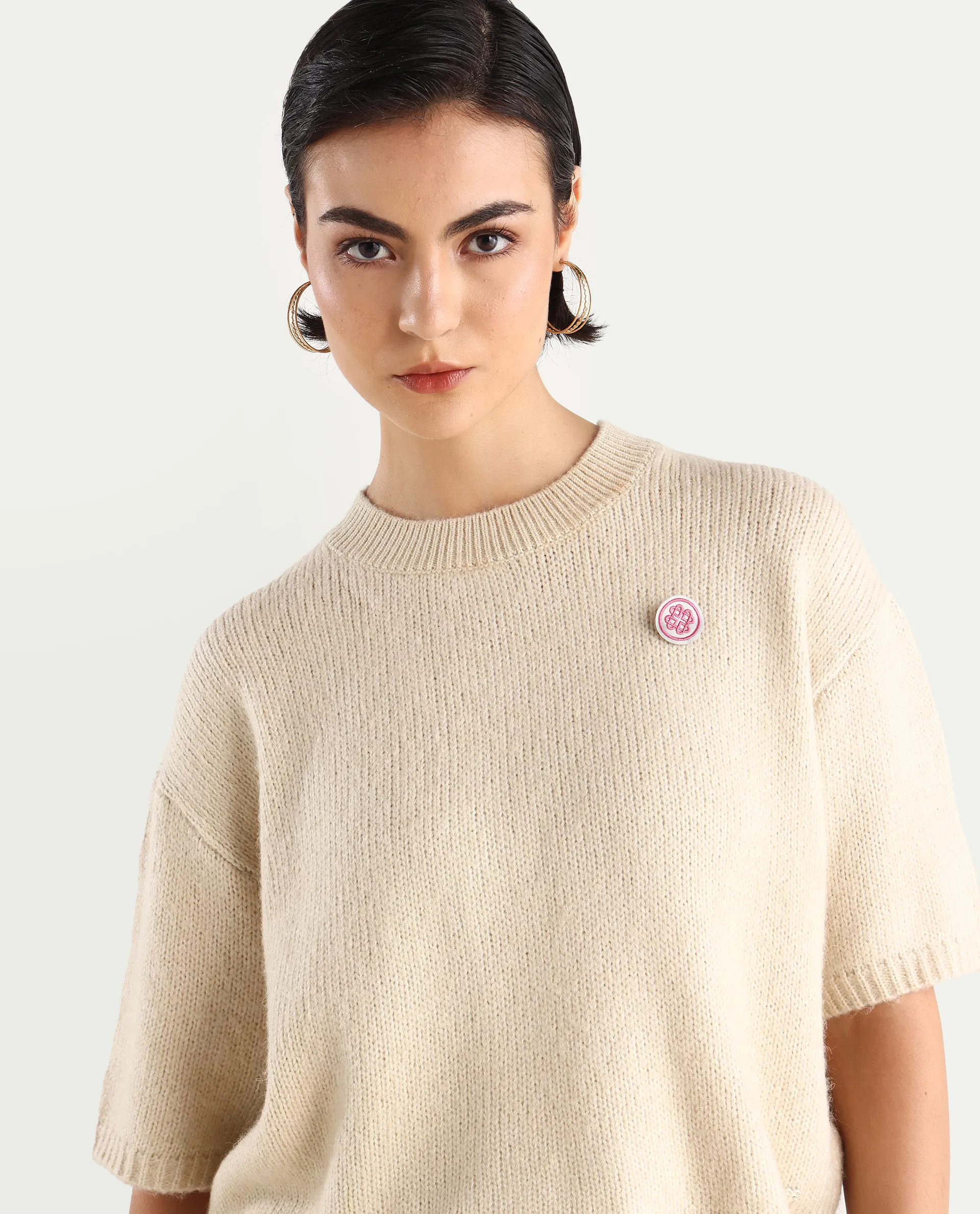 Rareism Women's Kenty Light Beige Acrylic Crew Neck Striped Crop Relaxed Fit Sweater - Image 4
