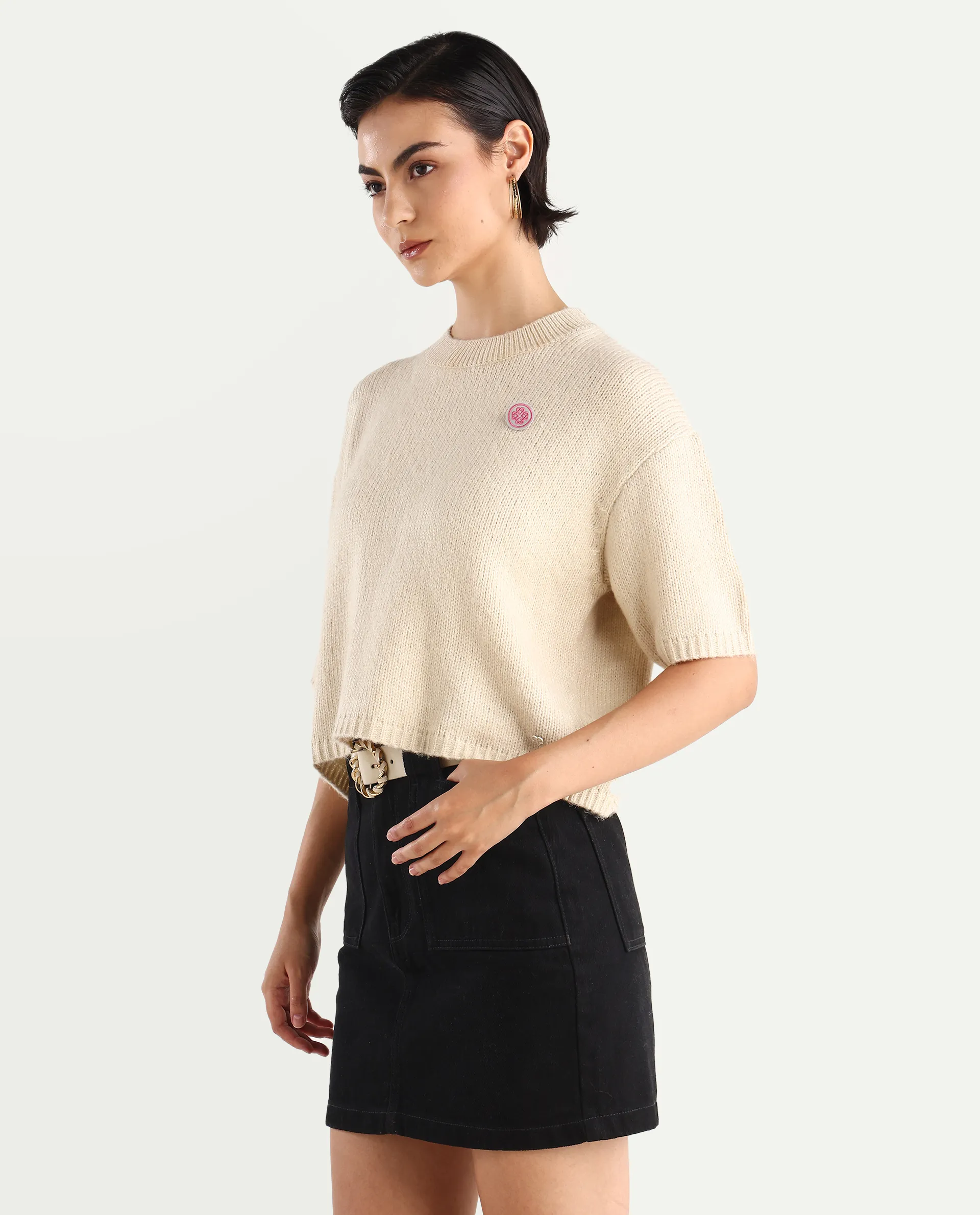 Rareism Women's Kenty Light Beige Acrylic Crew Neck Striped Crop Relaxed Fit Sweater - Image 5