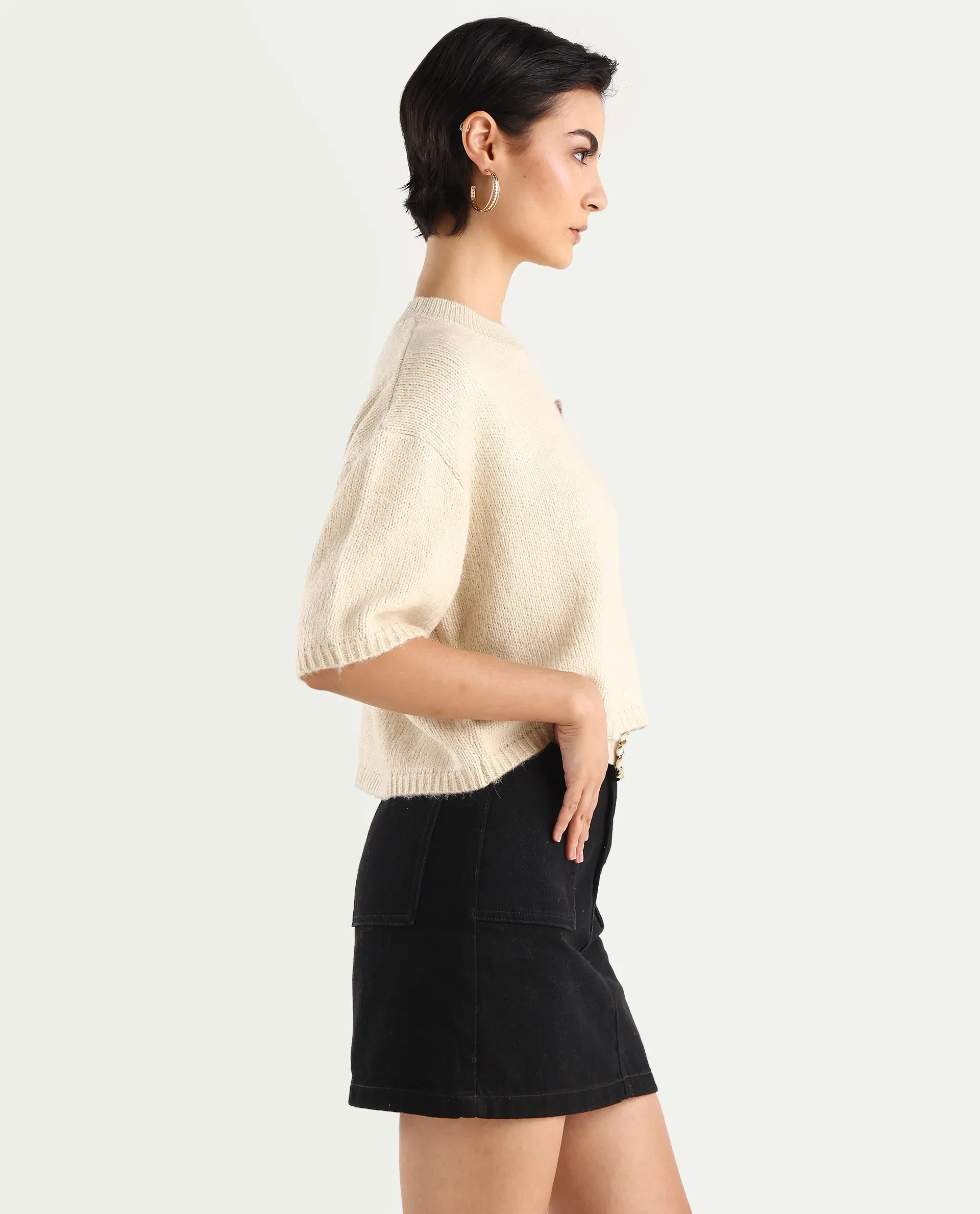 Rareism Women's Kenty Light Beige Acrylic Crew Neck Striped Crop Relaxed Fit Sweater - Image 6