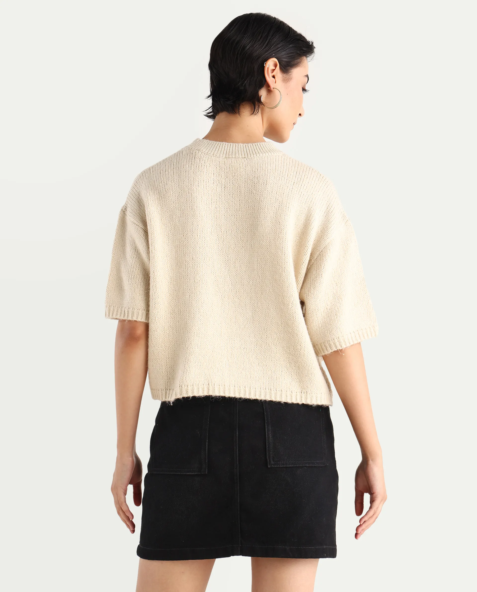 Rareism Women's Kenty Light Beige Acrylic Crew Neck Striped Crop Relaxed Fit Sweater - Image 7