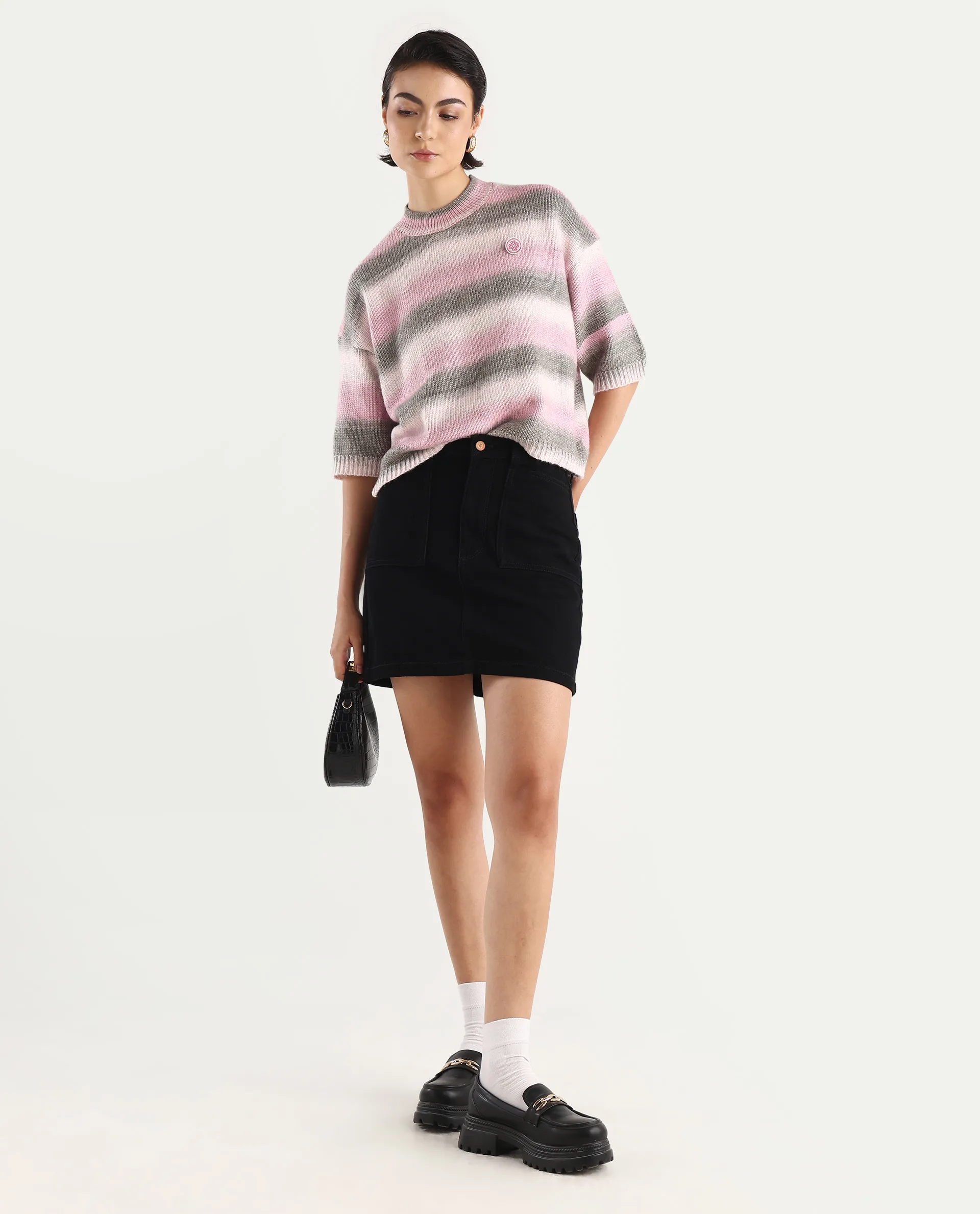 Rareism Women's Kenty Pink Acrylic Crew Neck Striped Crop Relaxed Fit Sweater - Image 2