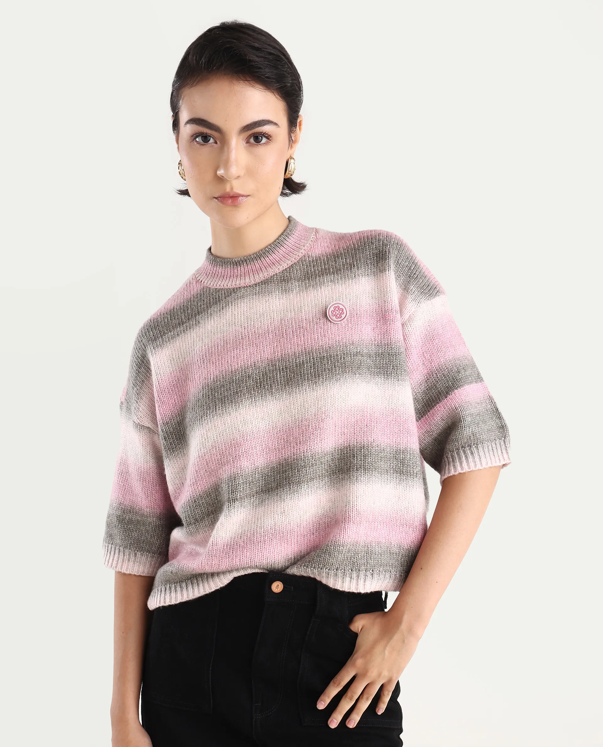 Rareism Women's Kenty Pink Acrylic Crew Neck Striped Crop Relaxed Fit Sweater - Image 3