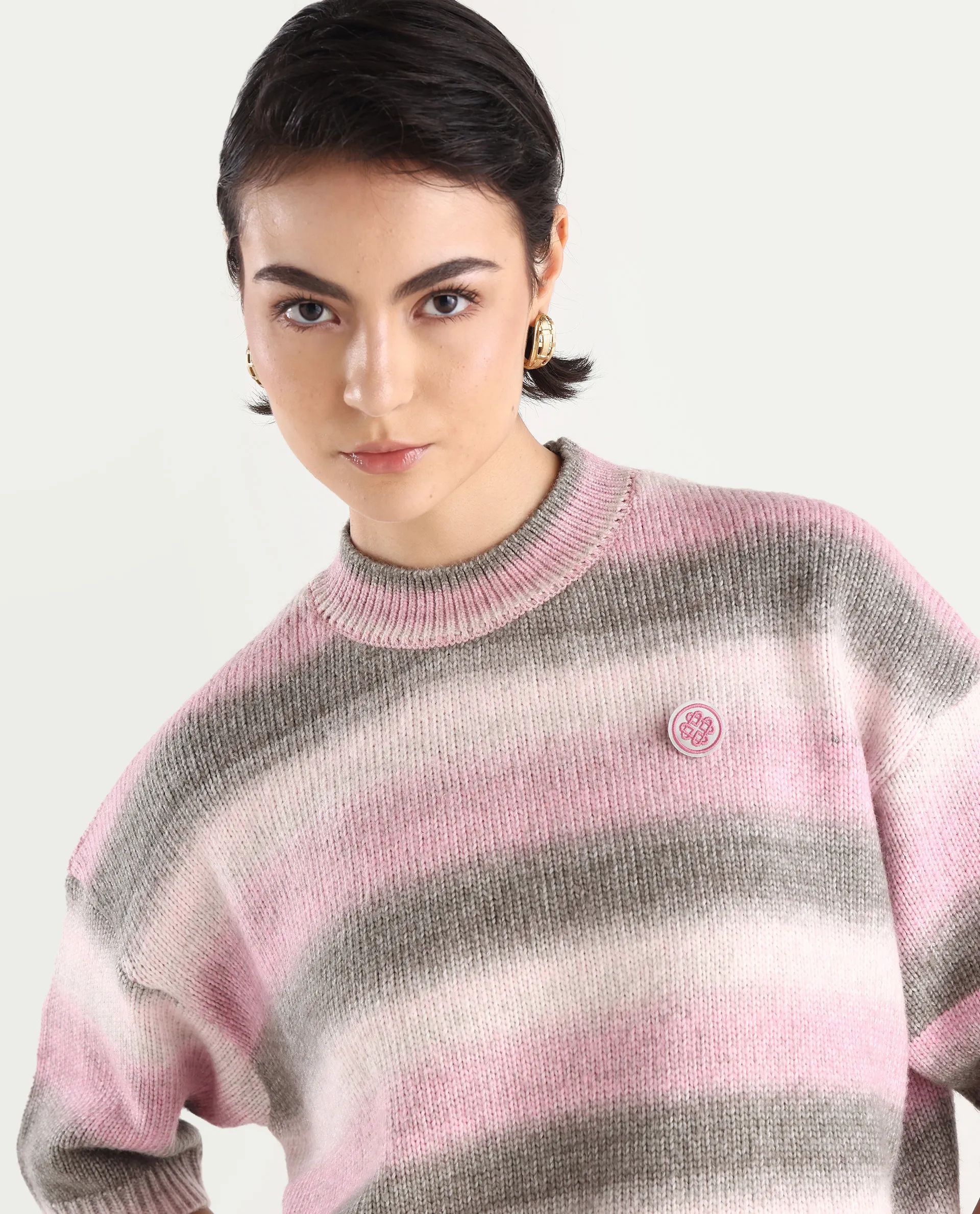 Rareism Women's Kenty Pink Acrylic Crew Neck Striped Crop Relaxed Fit Sweater - Image 4