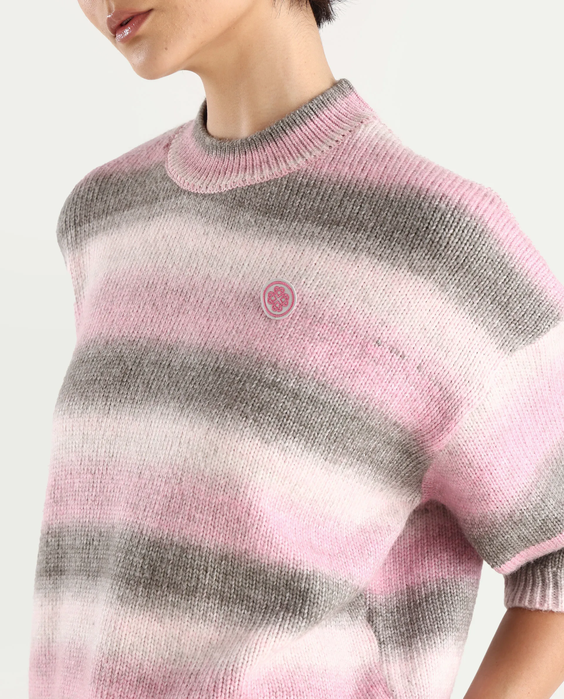Rareism Women's Kenty Pink Acrylic Crew Neck Striped Crop Relaxed Fit Sweater - Image 5