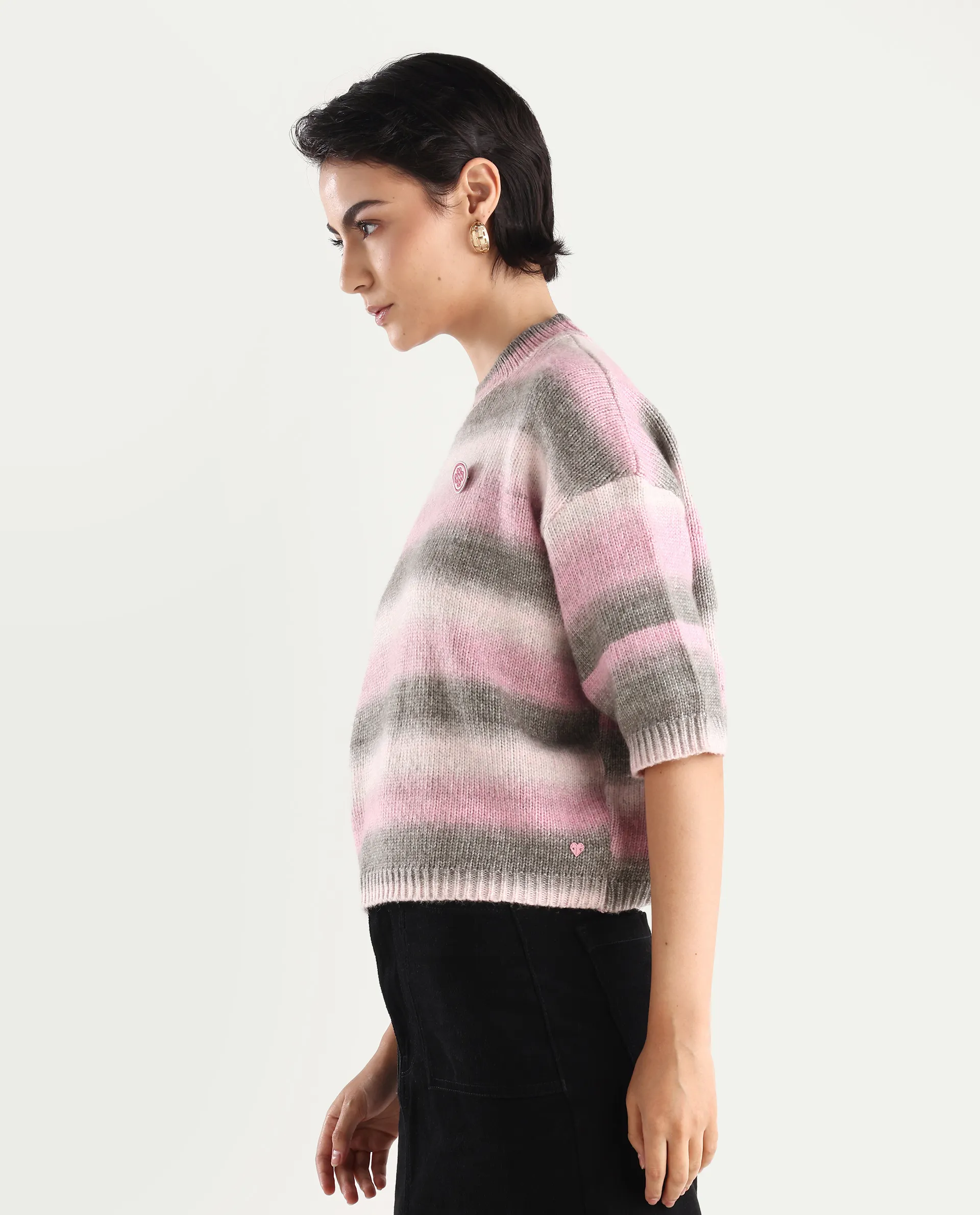 Rareism Women's Kenty Pink Acrylic Crew Neck Striped Crop Relaxed Fit Sweater - Image 6