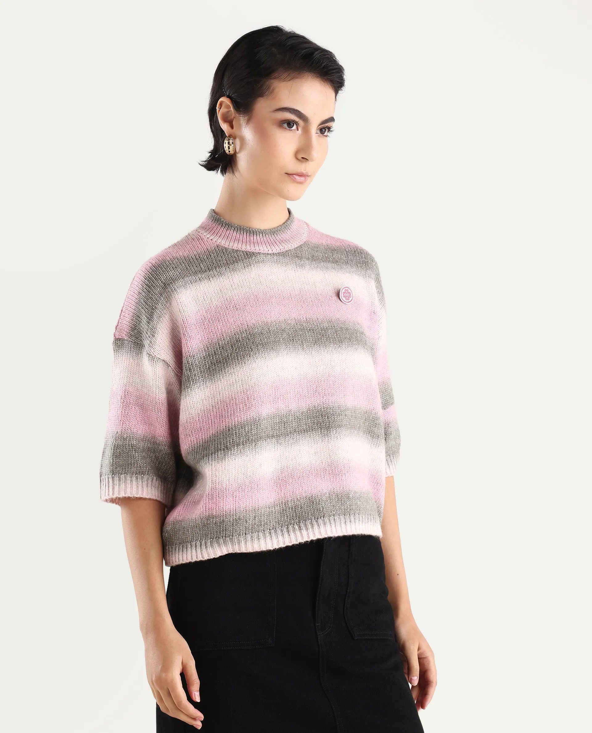 Rareism Women's Kenty Pink Acrylic Crew Neck Striped Crop Relaxed Fit Sweater - Image 7