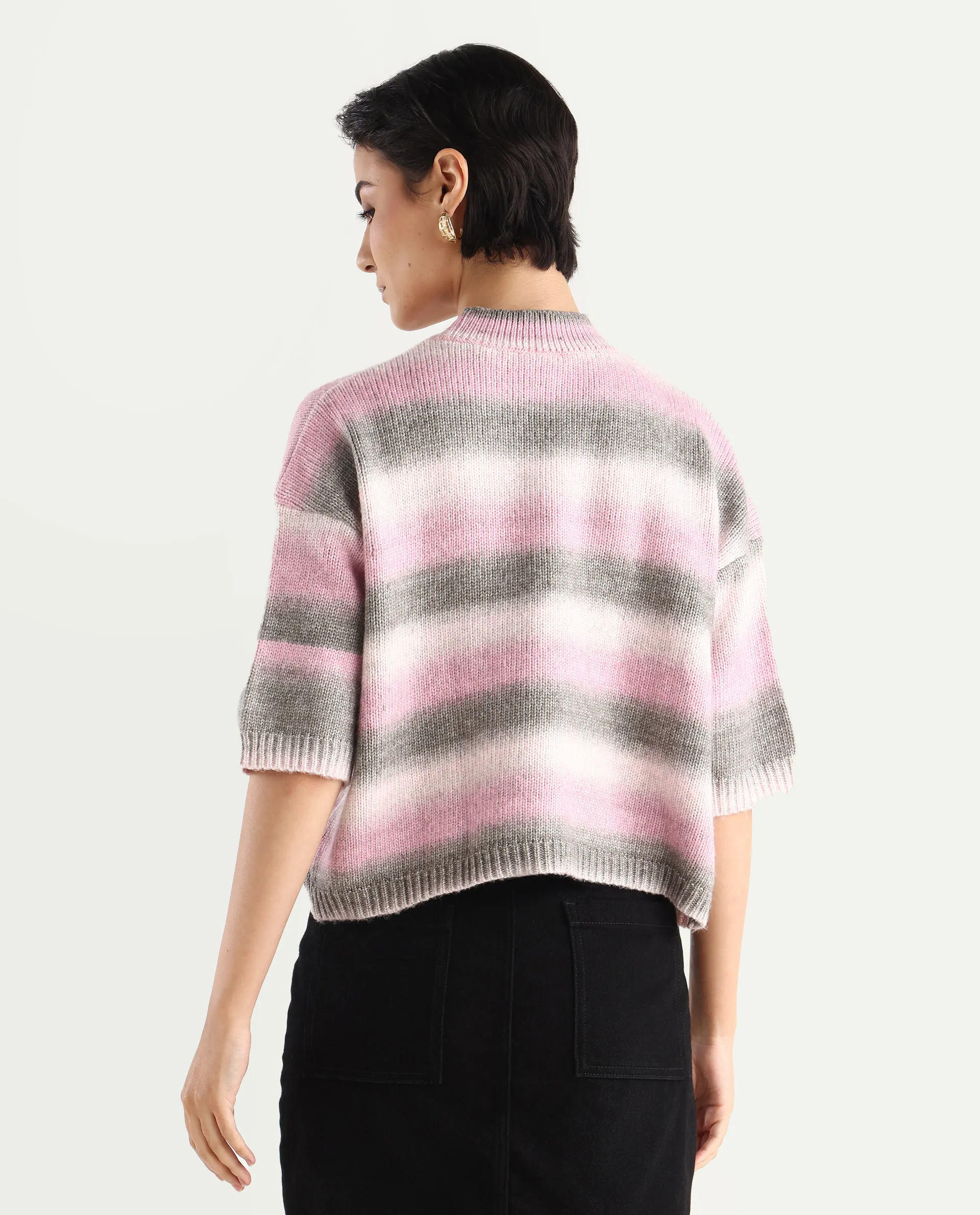 Rareism Women's Kenty Pink Acrylic Crew Neck Striped Crop Relaxed Fit Sweater - Image 8
