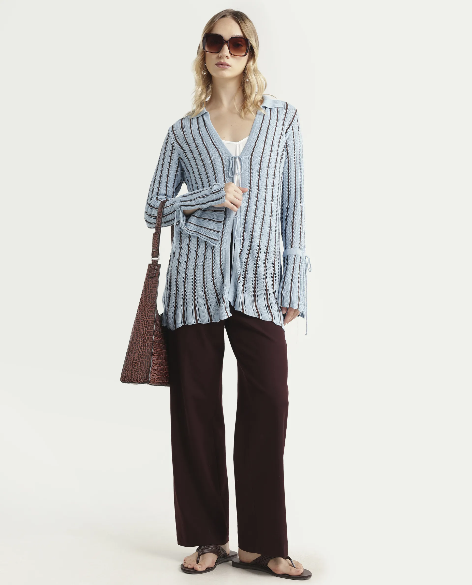 Rareism Women's Kentya Light Blue Viscose Johnny Collar Striped Regular Fit Shrug - Image 2