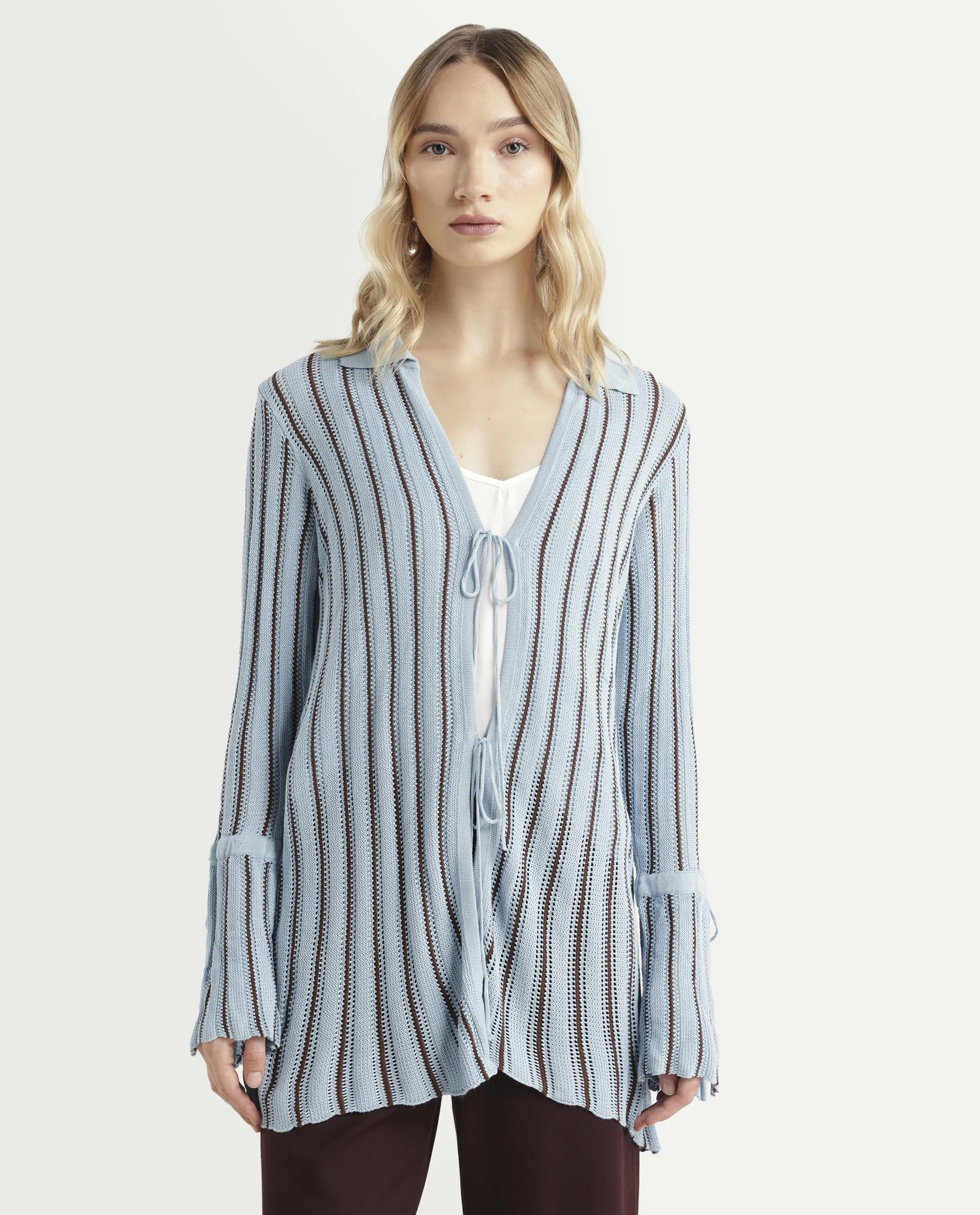 Rareism Women's Kentya Light Blue Viscose Johnny Collar Striped Regular Fit Shrug - Image 3