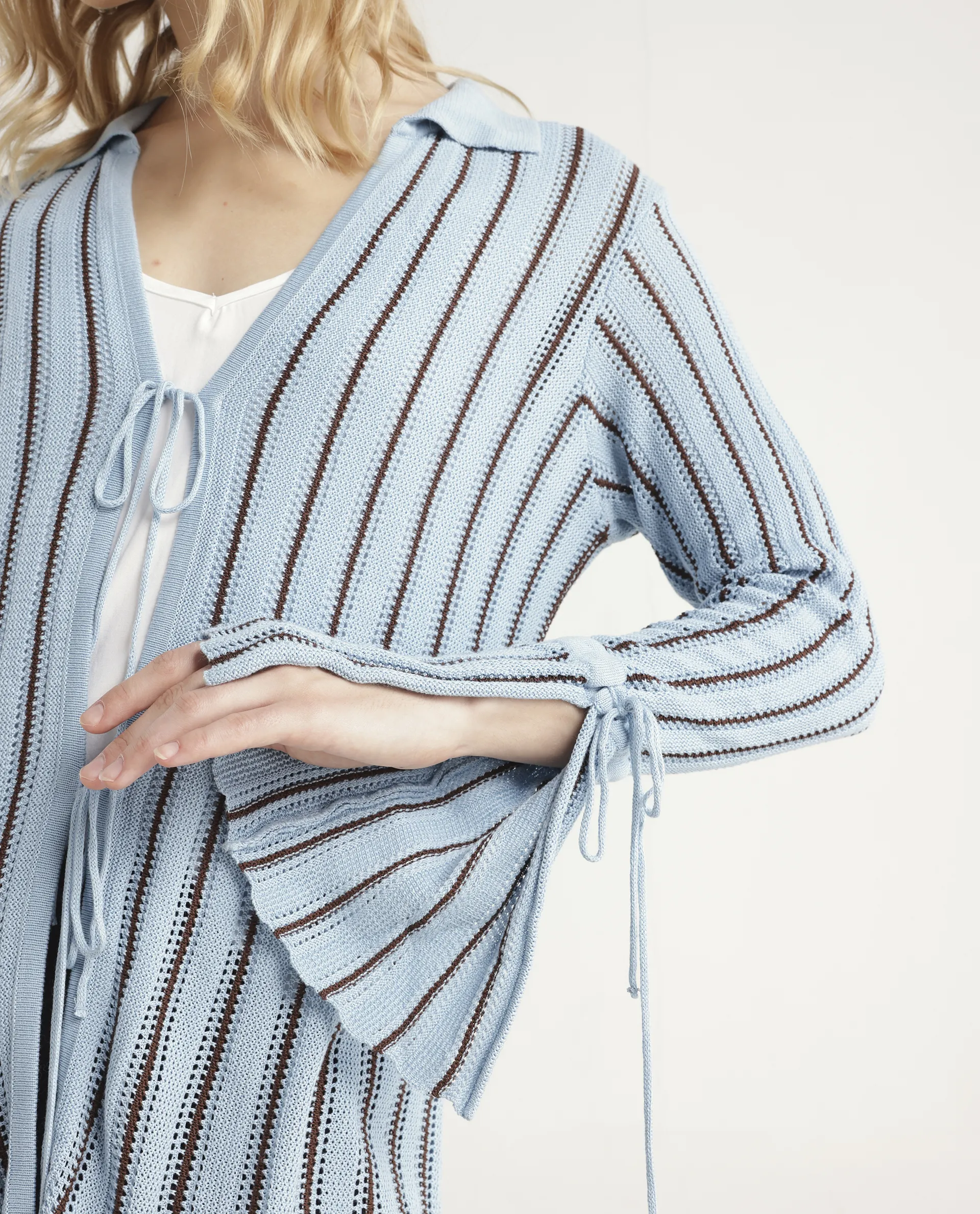Rareism Women's Kentya Light Blue Viscose Johnny Collar Striped Regular Fit Shrug - Image 4