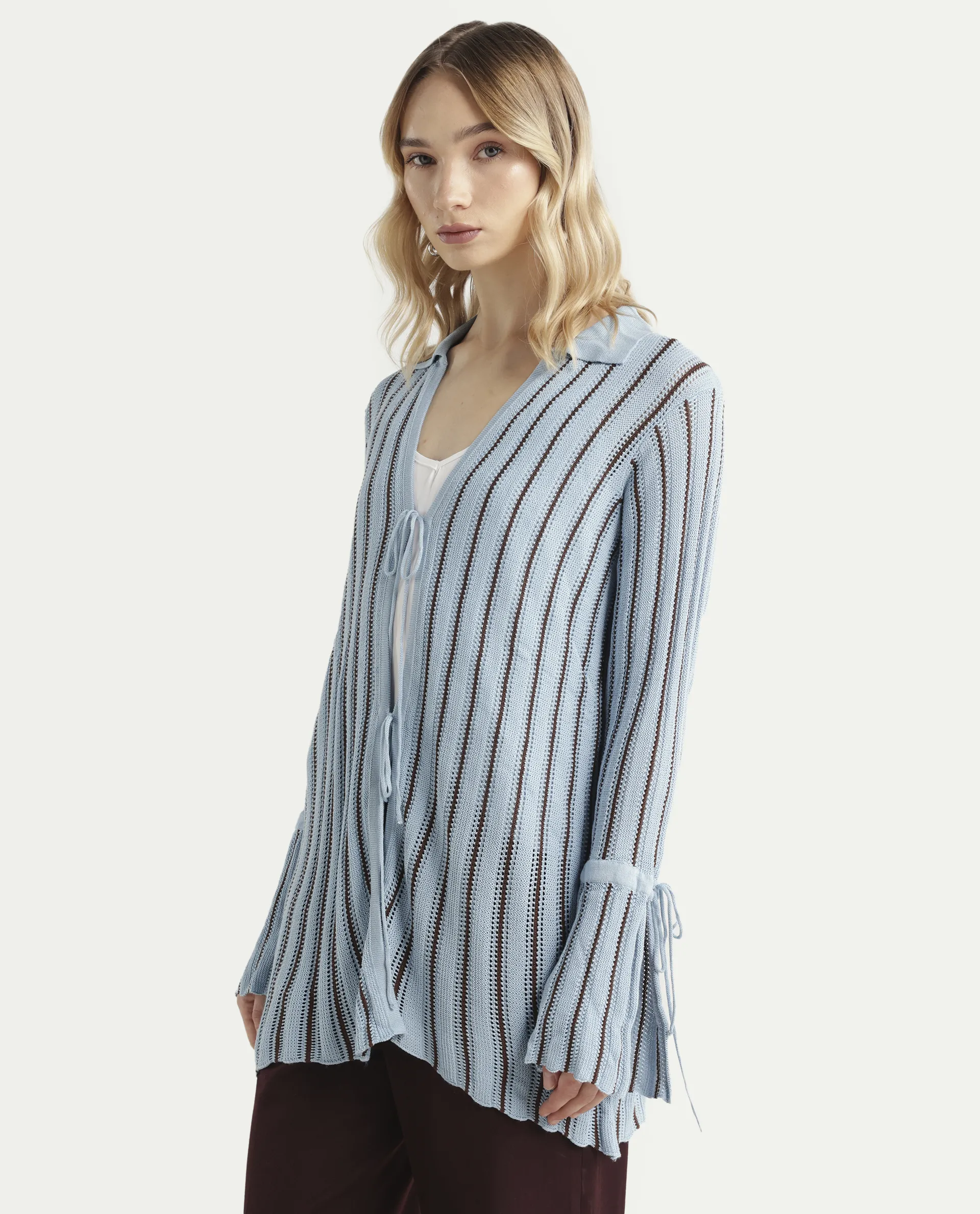 Rareism Women's Kentya Light Blue Viscose Johnny Collar Striped Regular Fit Shrug - Image 5