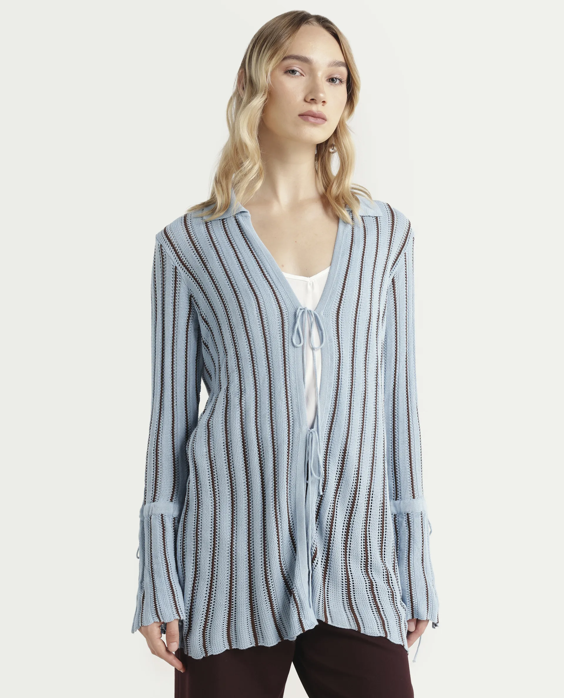 Rareism Women's Kentya Light Blue Viscose Johnny Collar Striped Regular Fit Shrug - Image 6