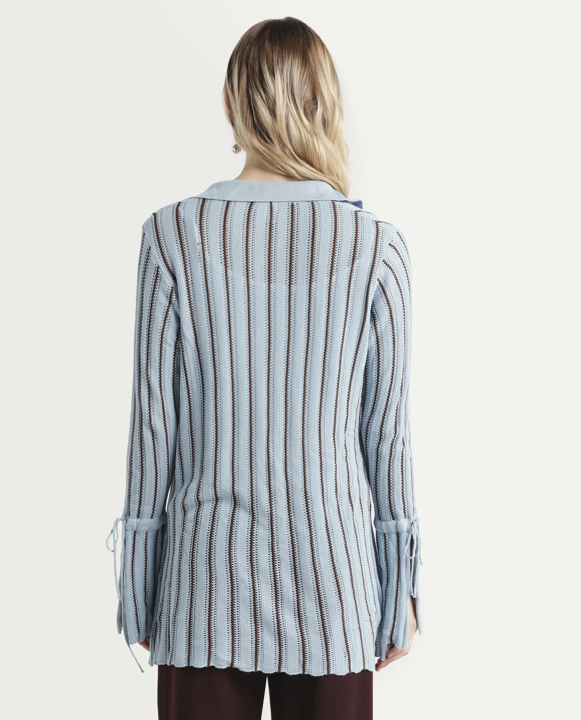 Rareism Women's Kentya Light Blue Viscose Johnny Collar Striped Regular Fit Shrug - Image 7