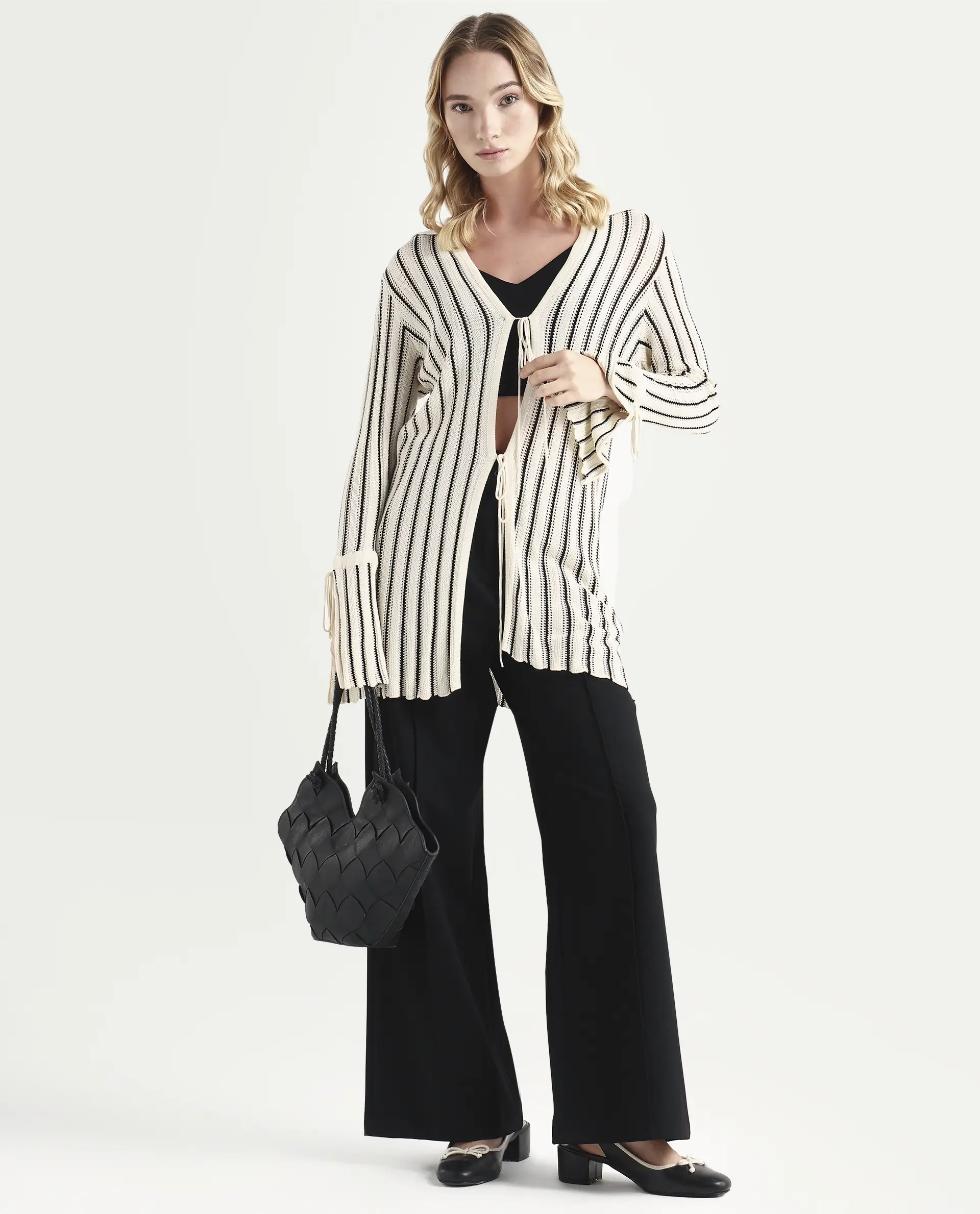 Rareism Women's Kentya White Viscose Johnny Collar Striped Regular Fit Shrug - Image 2