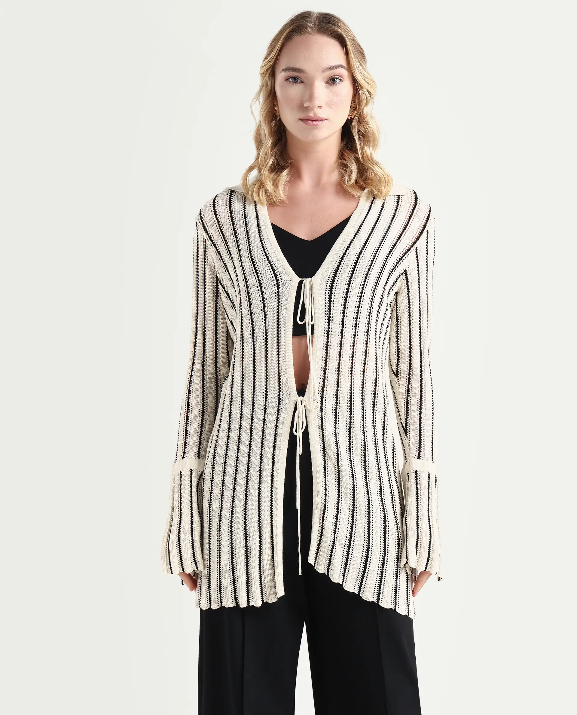 Rareism Women's Kentya White Viscose Johnny Collar Striped Regular Fit Shrug - Image 3