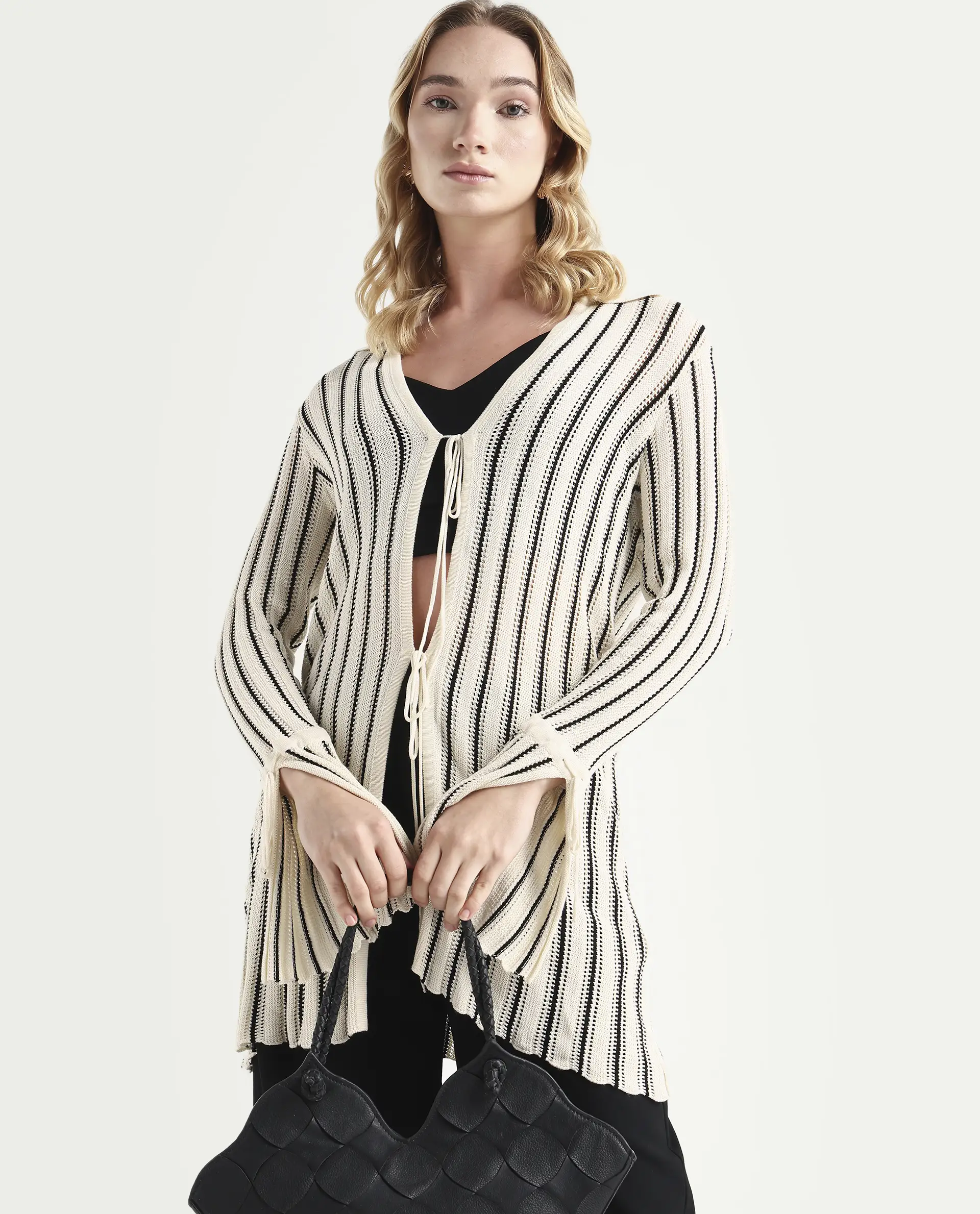Rareism Women's Kentya White Viscose Johnny Collar Striped Regular Fit Shrug - Image 4
