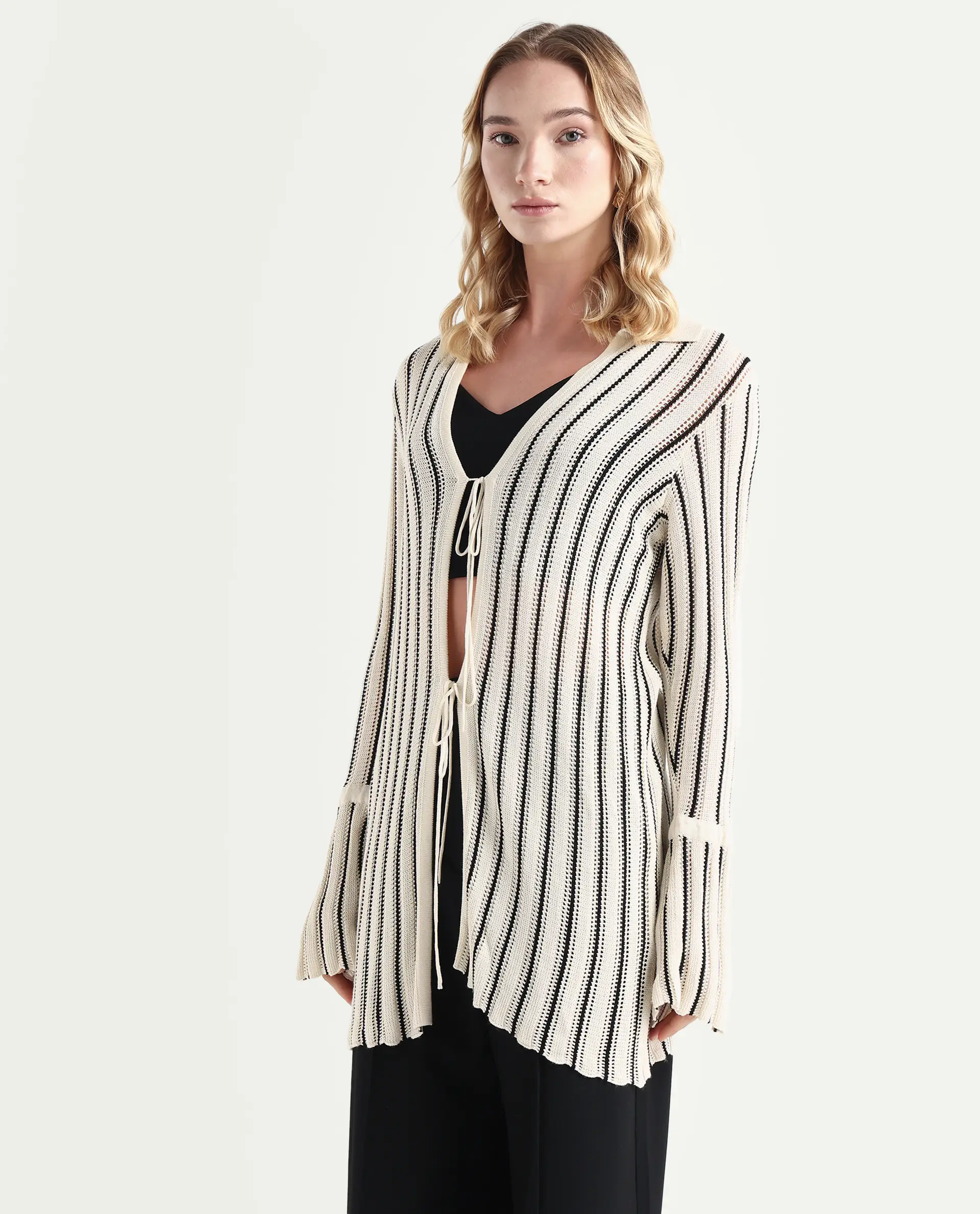 Rareism Women's Kentya White Viscose Johnny Collar Striped Regular Fit Shrug - Image 5