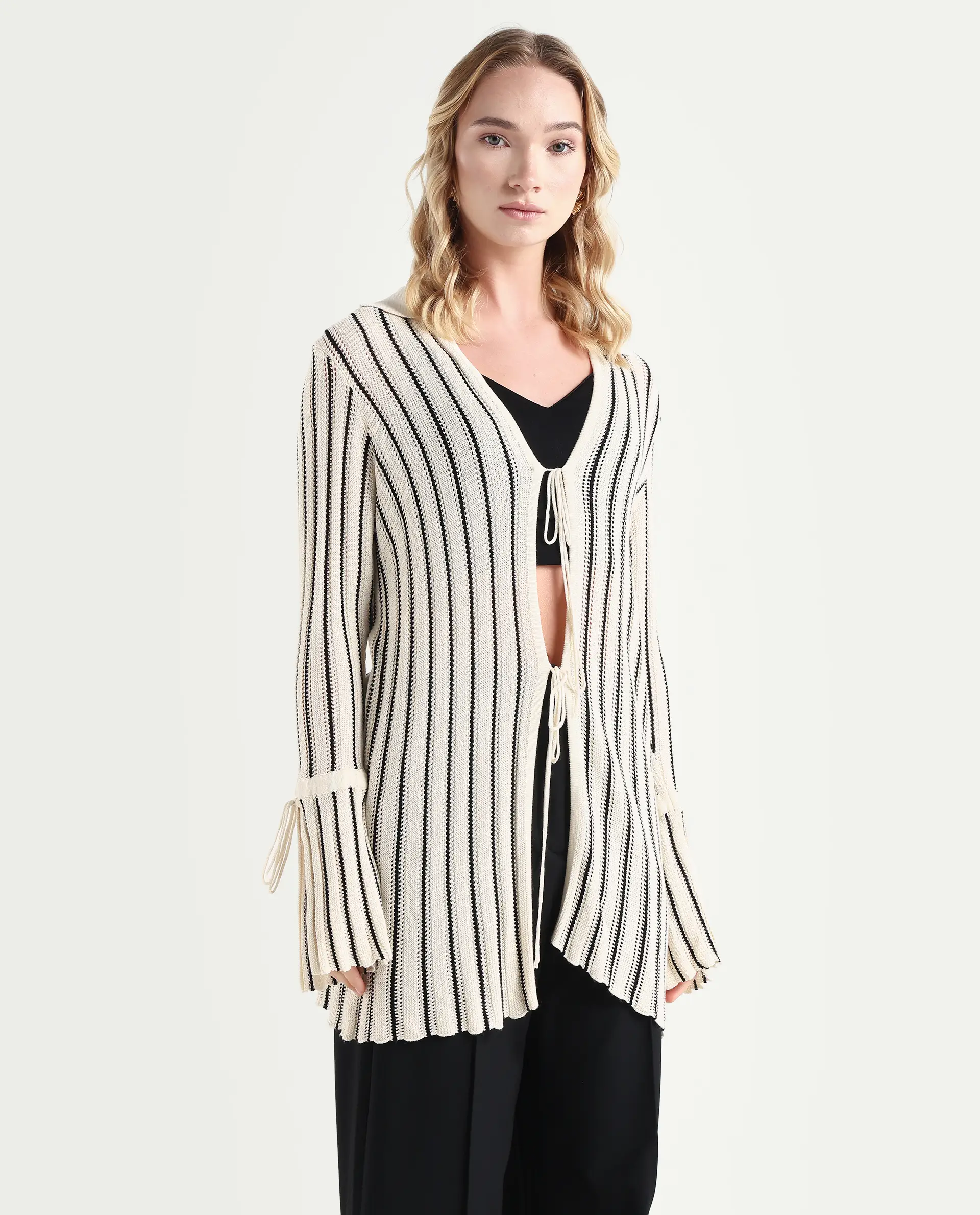 Rareism Women's Kentya White Viscose Johnny Collar Striped Regular Fit Shrug - Image 6