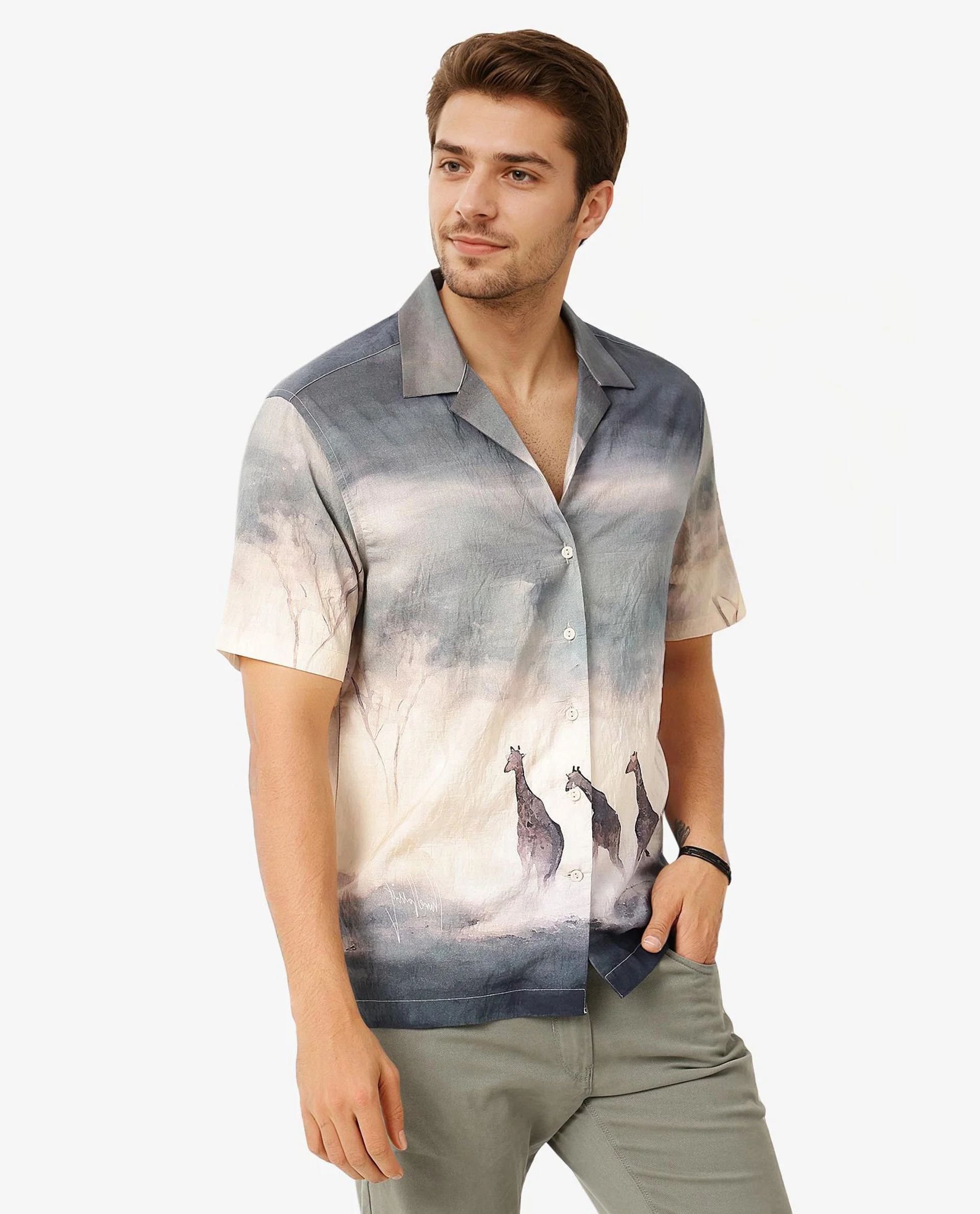 Rare Rabbit Men's Kenya Dusky Green Viscose Animal Print Boxy Fit Half Sleeve Cuban Collar Shirt - Image 5