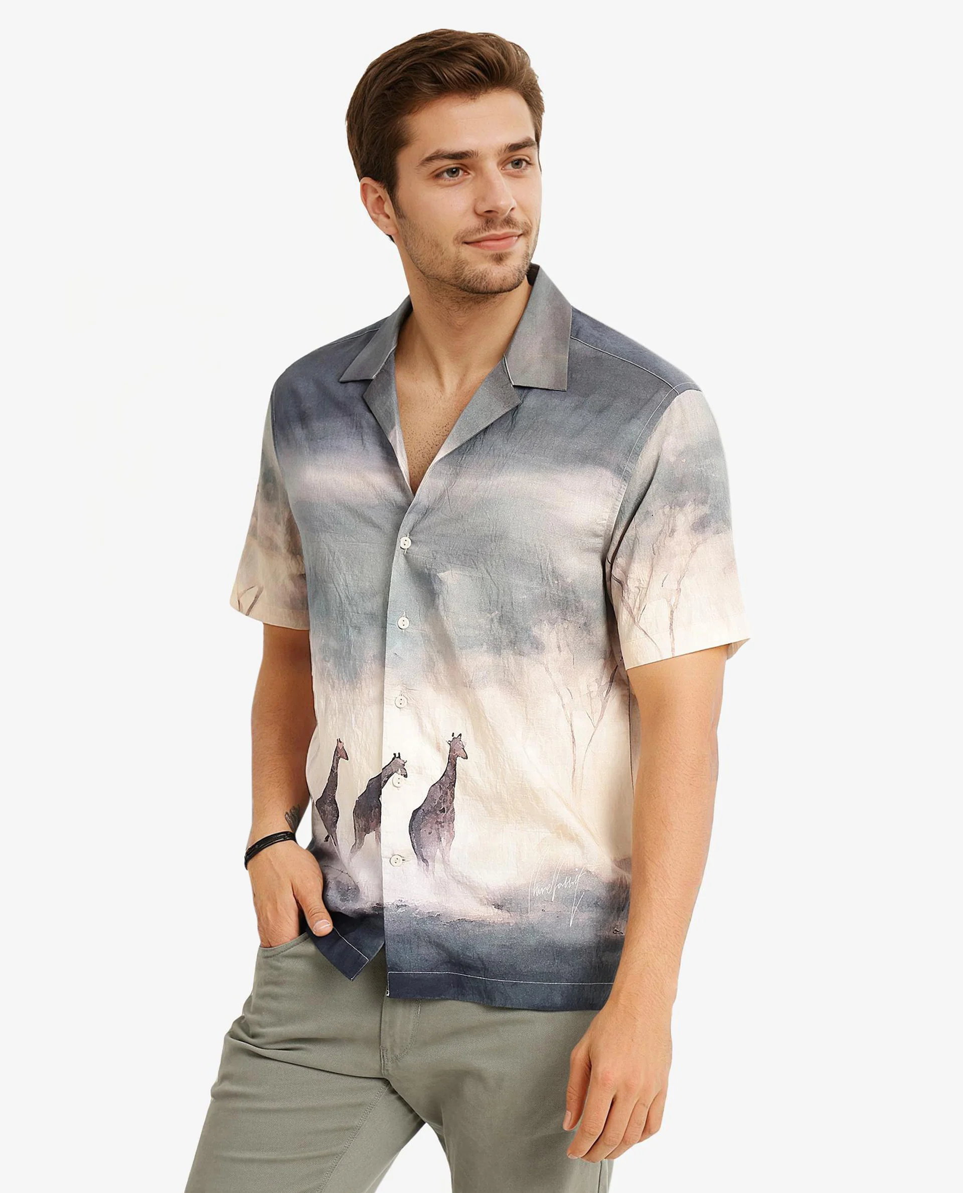 Rare Rabbit Men's Kenya Dusky Green Viscose Animal Print Boxy Fit Half Sleeve Cuban Collar Shirt - Image 7