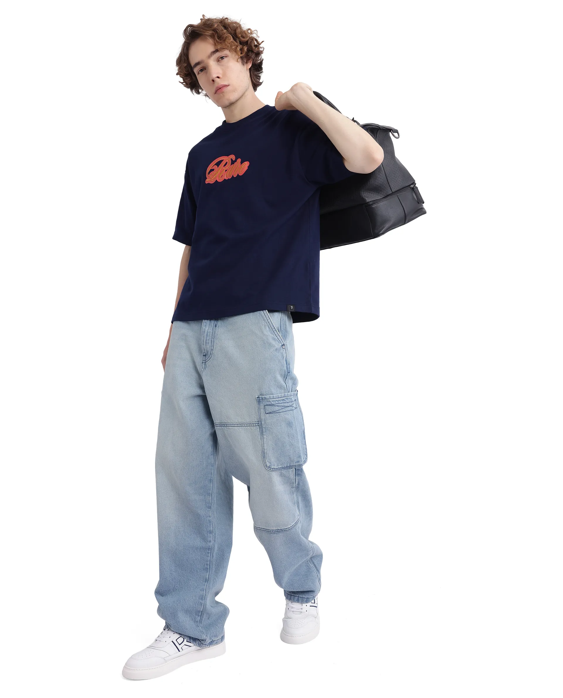 Rare Rabbit Men's Kenzo-25 Navy Cotton Embroidered Oversized Fit Half Sleeve Crew Neck T-Shirt - Image 2