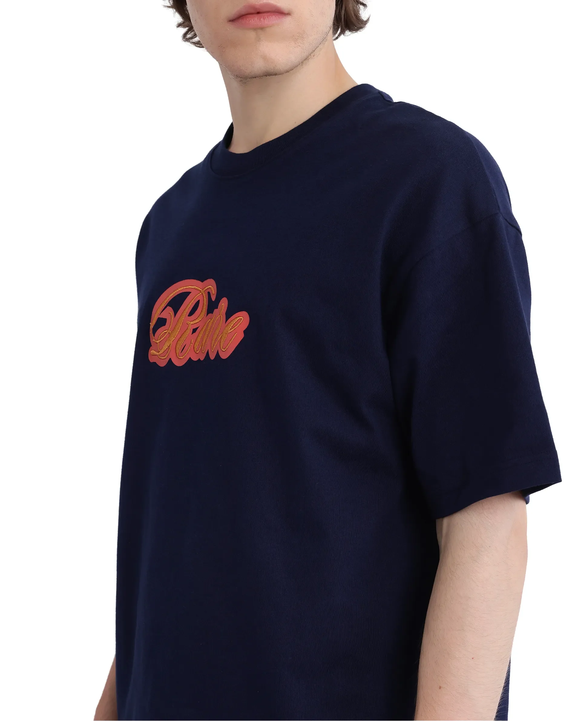 Rare Rabbit Men's Kenzo-25 Navy Cotton Embroidered Oversized Fit Half Sleeve Crew Neck T-Shirt - Image 3