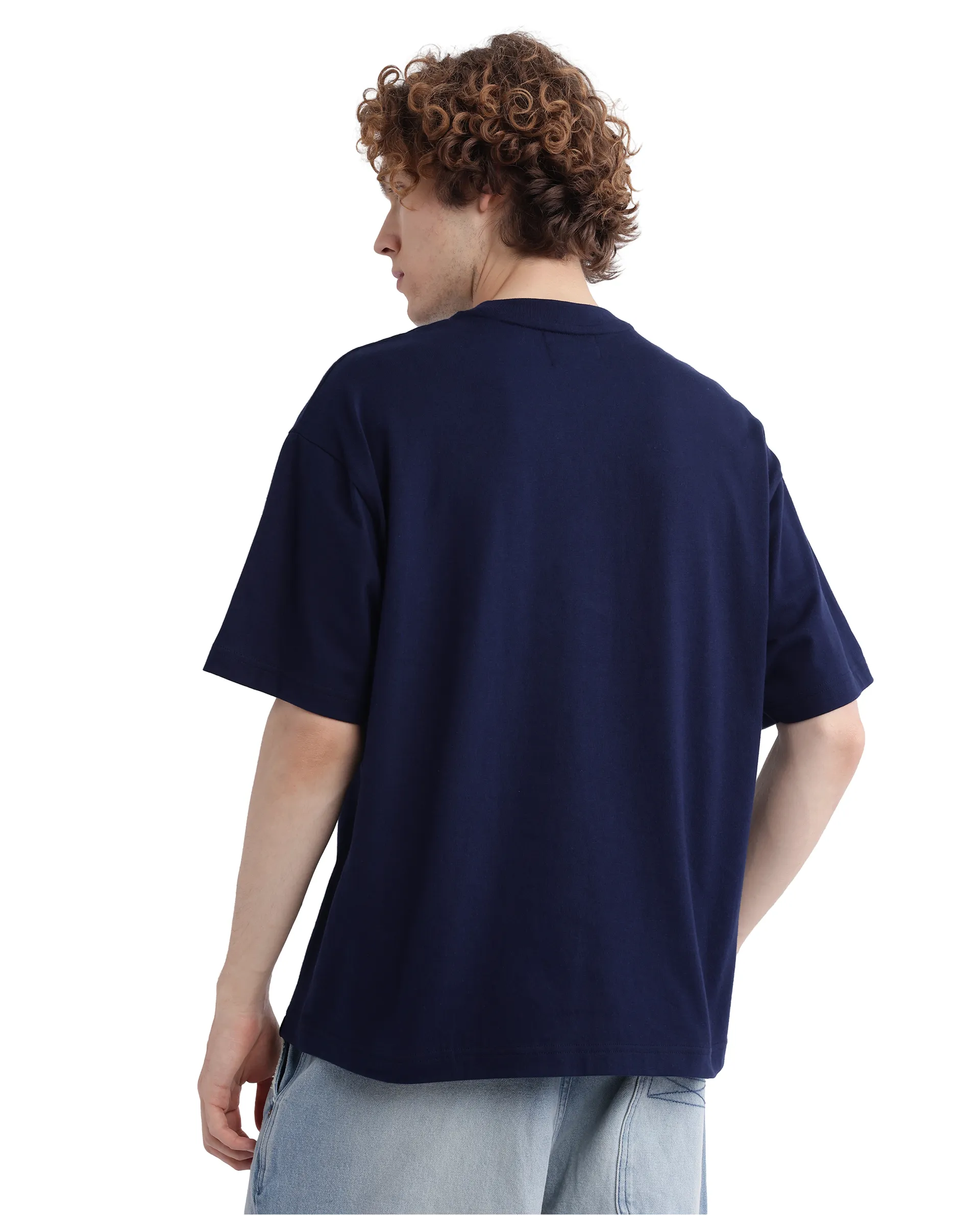 Rare Rabbit Men's Kenzo-25 Navy Cotton Embroidered Oversized Fit Half Sleeve Crew Neck T-Shirt - Image 4