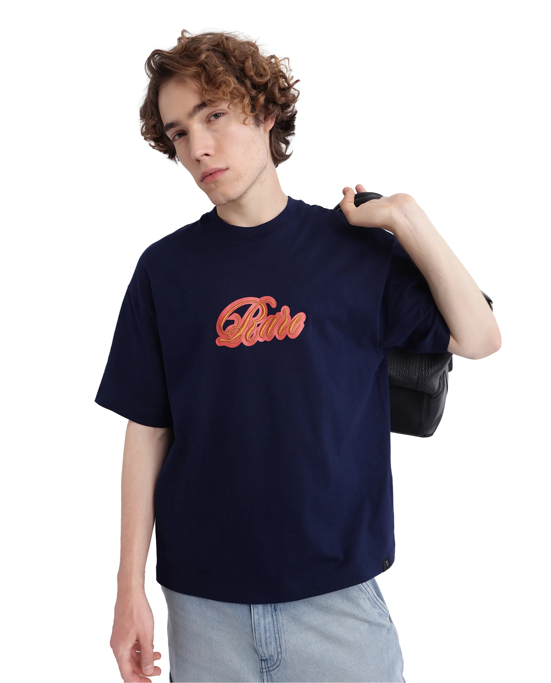 Rare Rabbit Men's Kenzo-25 Navy Cotton Embroidered Oversized Fit Half Sleeve Crew Neck T-Shirt - Image 5