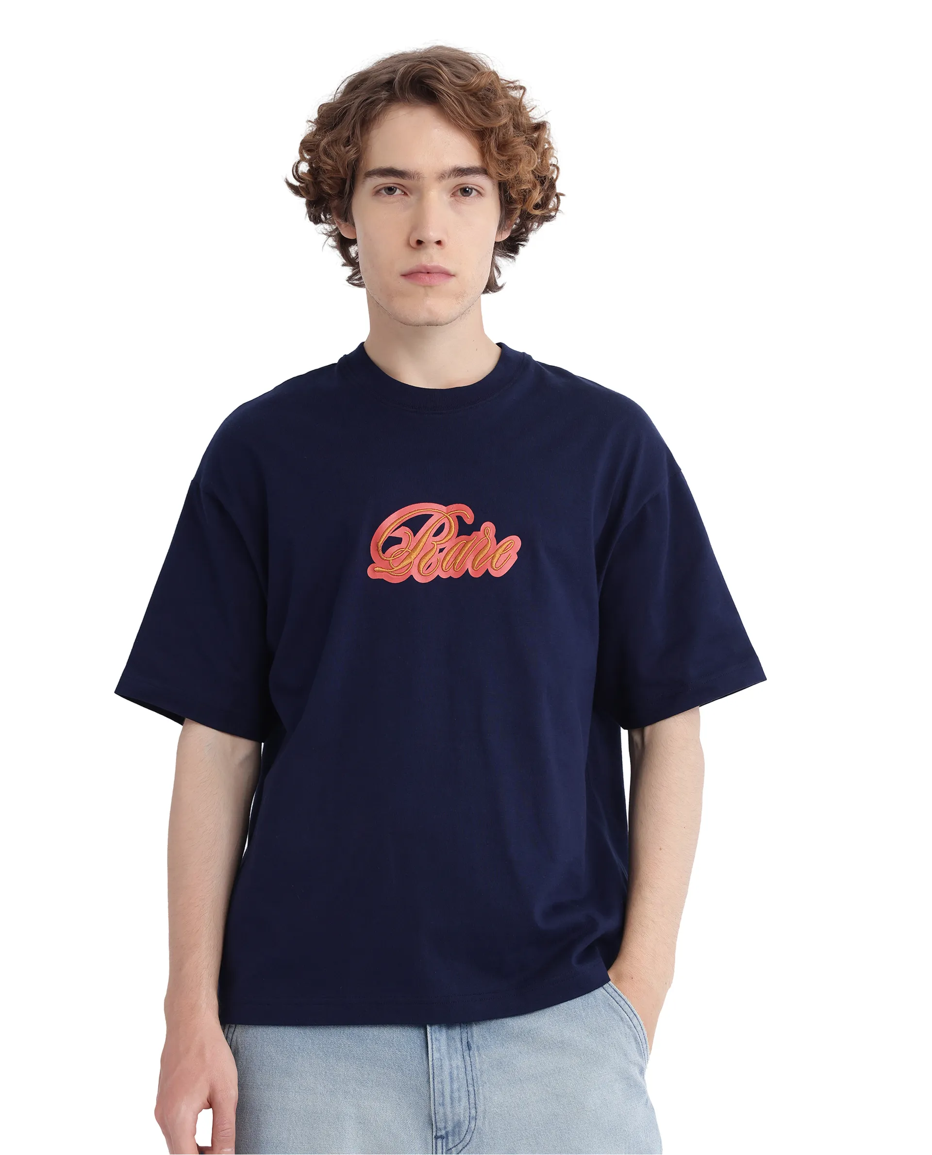 Rare Rabbit Men's Kenzo-25 Navy Cotton Embroidered Oversized Fit Half Sleeve Crew Neck T-Shirt - Image 6