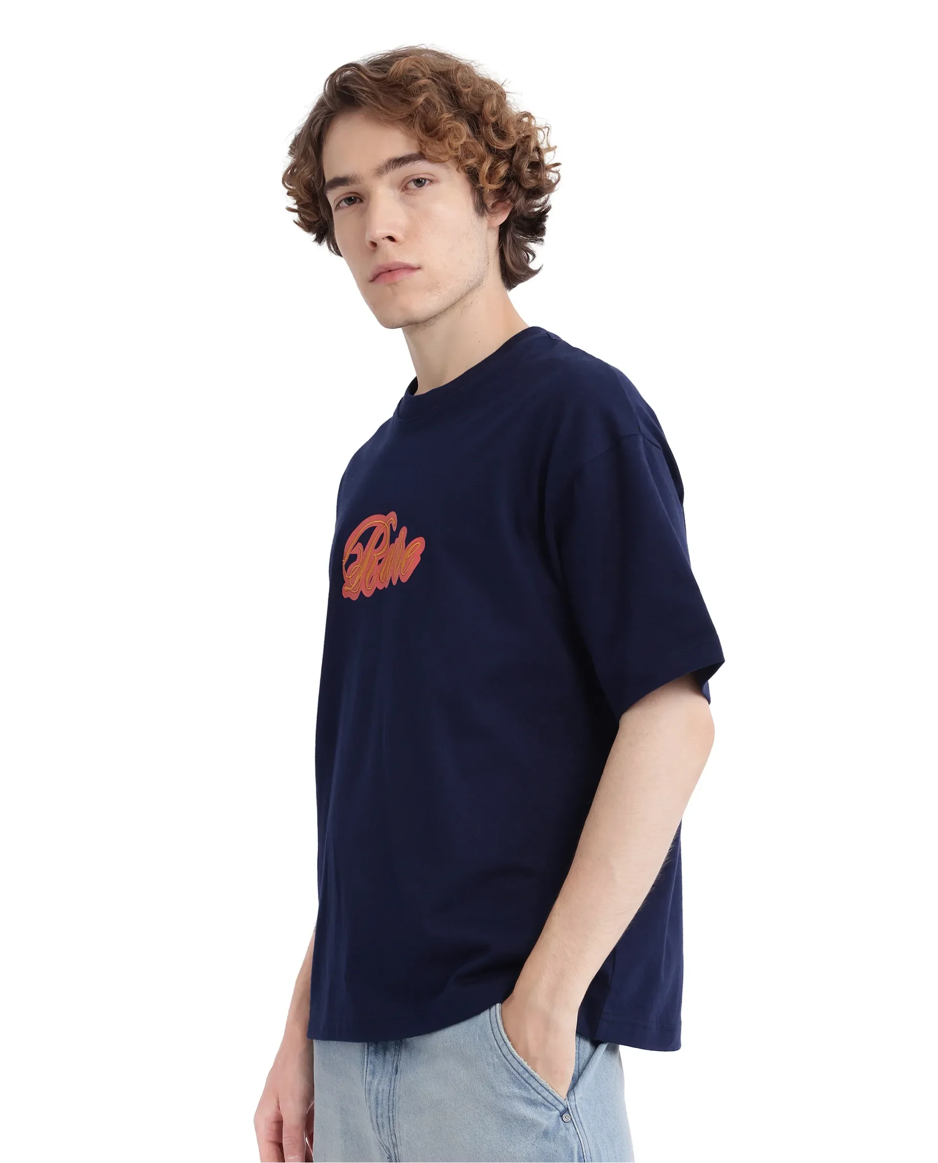 Rare Rabbit Men's Kenzo-25 Navy Cotton Embroidered Oversized Fit Half Sleeve Crew Neck T-Shirt - Image 7