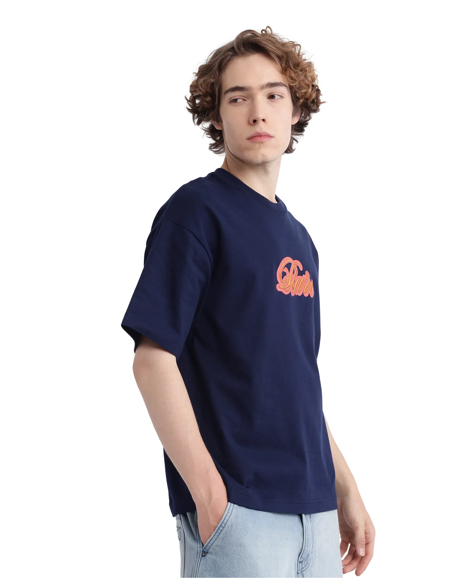 Rare Rabbit Men's Kenzo-25 Navy Cotton Embroidered Oversized Fit Half Sleeve Crew Neck T-Shirt - Image 8