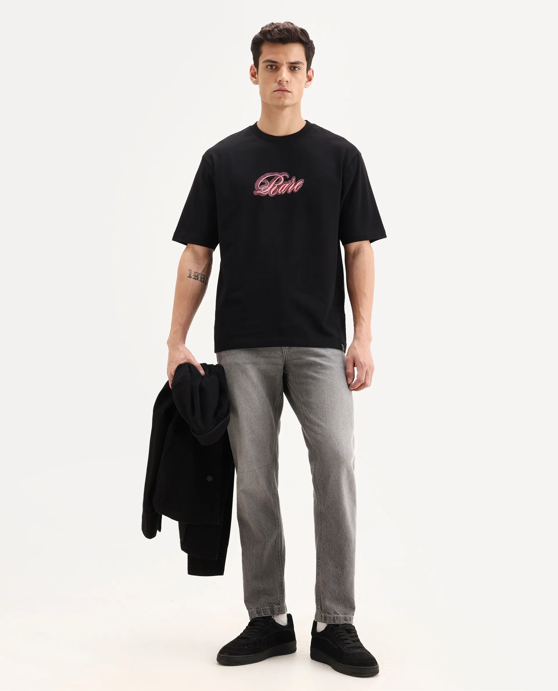 Rare Rabbit Men's Kenzo Black Cotton Embroidered Oversized Fit Half Sleeve Crew Neck T-Shirt - Image 2