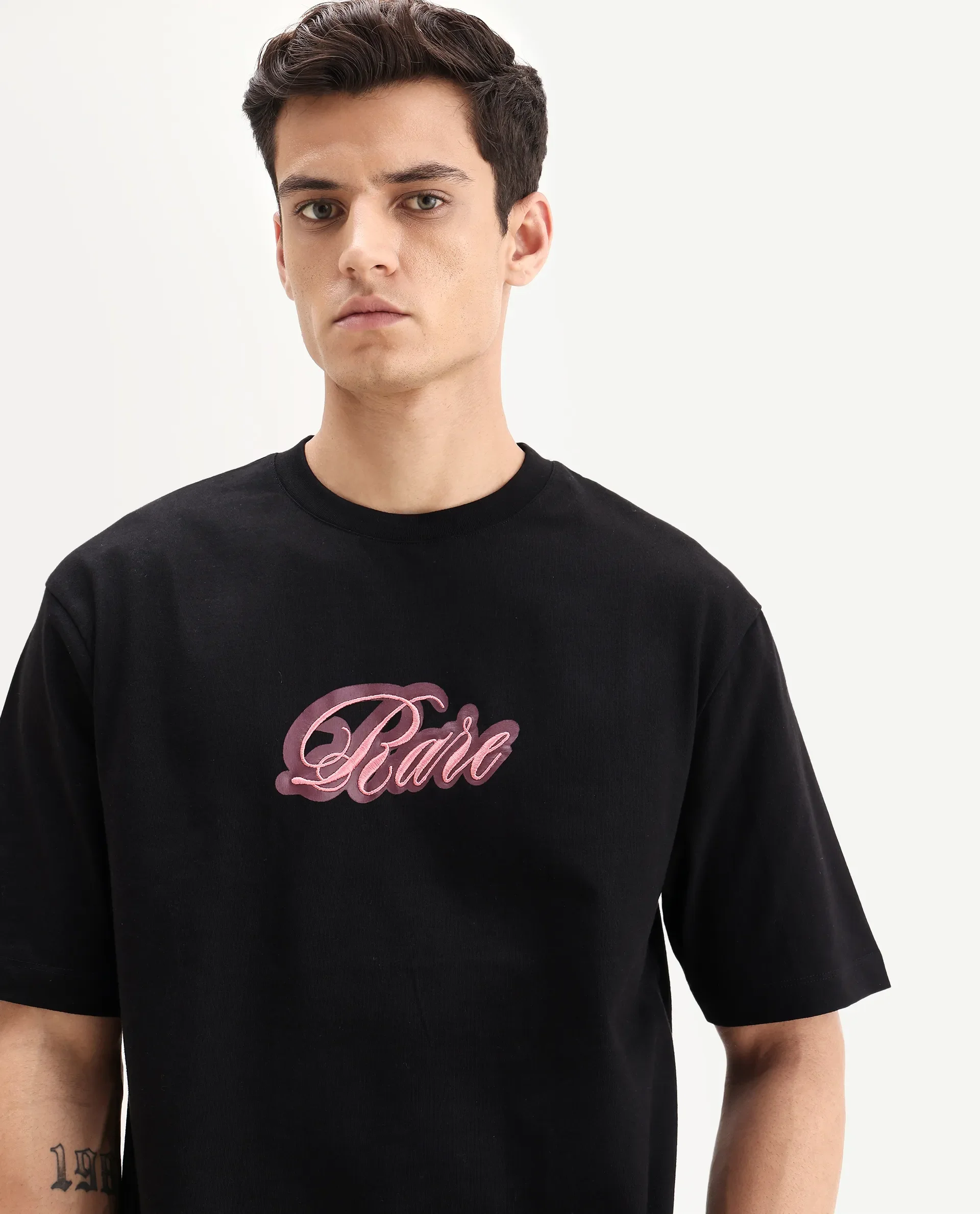 Rare Rabbit Men's Kenzo Black Cotton Embroidered Oversized Fit Half Sleeve Crew Neck T-Shirt - Image 3