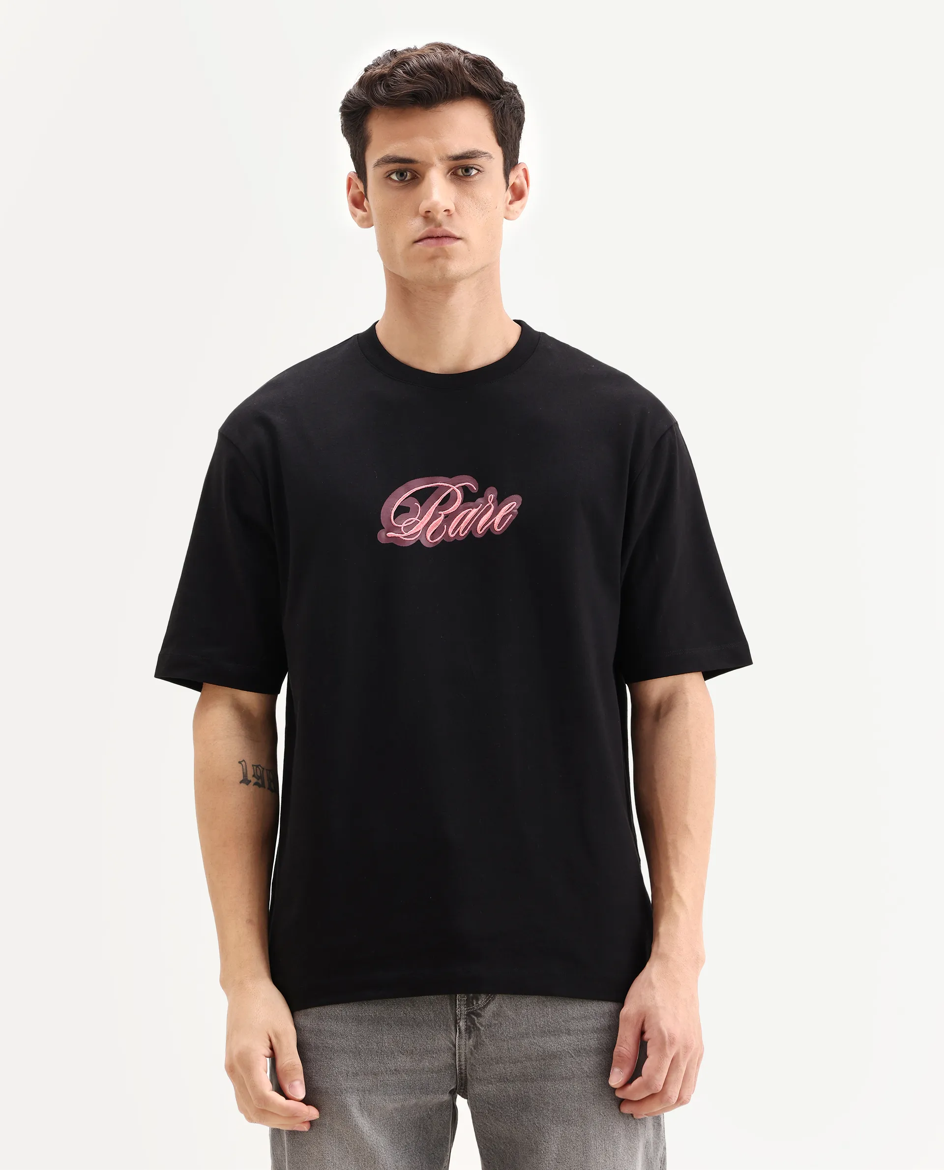 Rare Rabbit Men's Kenzo Black Cotton Embroidered Oversized Fit Half Sleeve Crew Neck T-Shirt - Image 4