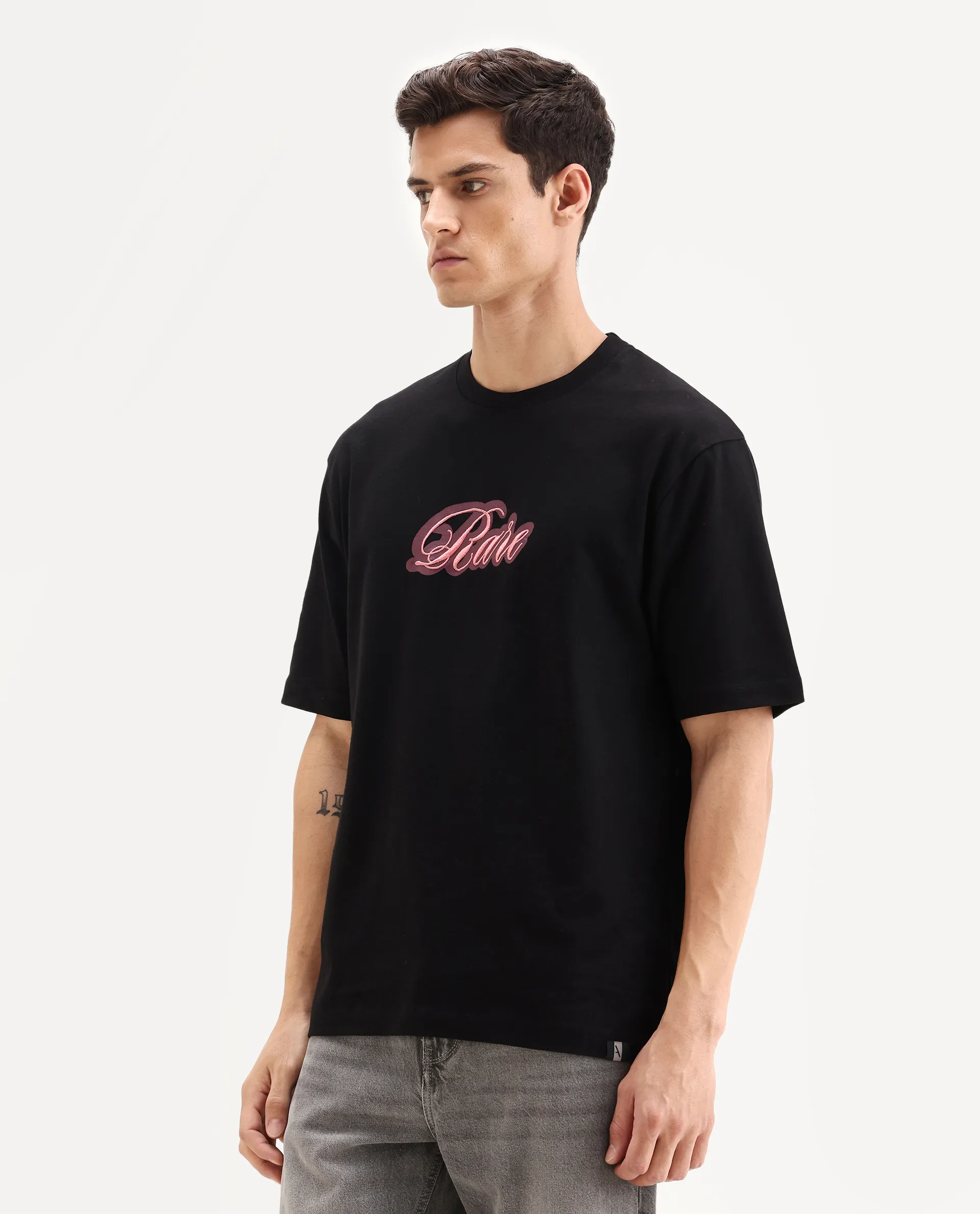 Rare Rabbit Men's Kenzo Black Cotton Embroidered Oversized Fit Half Sleeve Crew Neck T-Shirt - Image 5