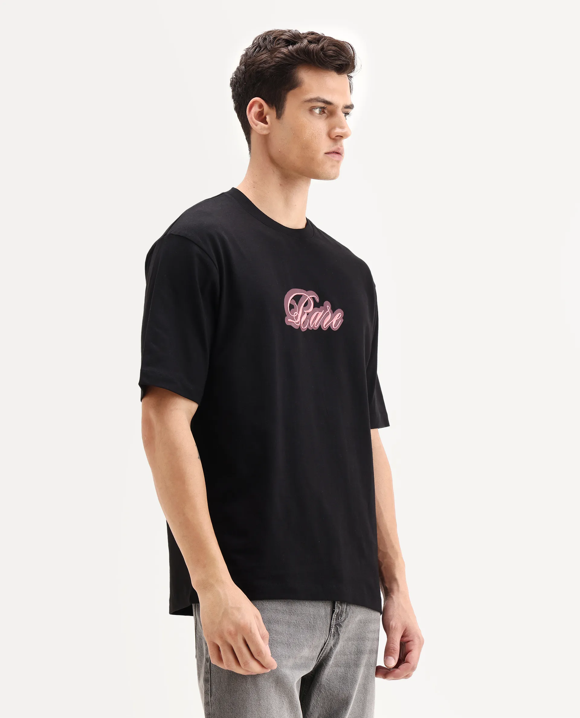 Rare Rabbit Men's Kenzo Black Cotton Embroidered Oversized Fit Half Sleeve Crew Neck T-Shirt - Image 6