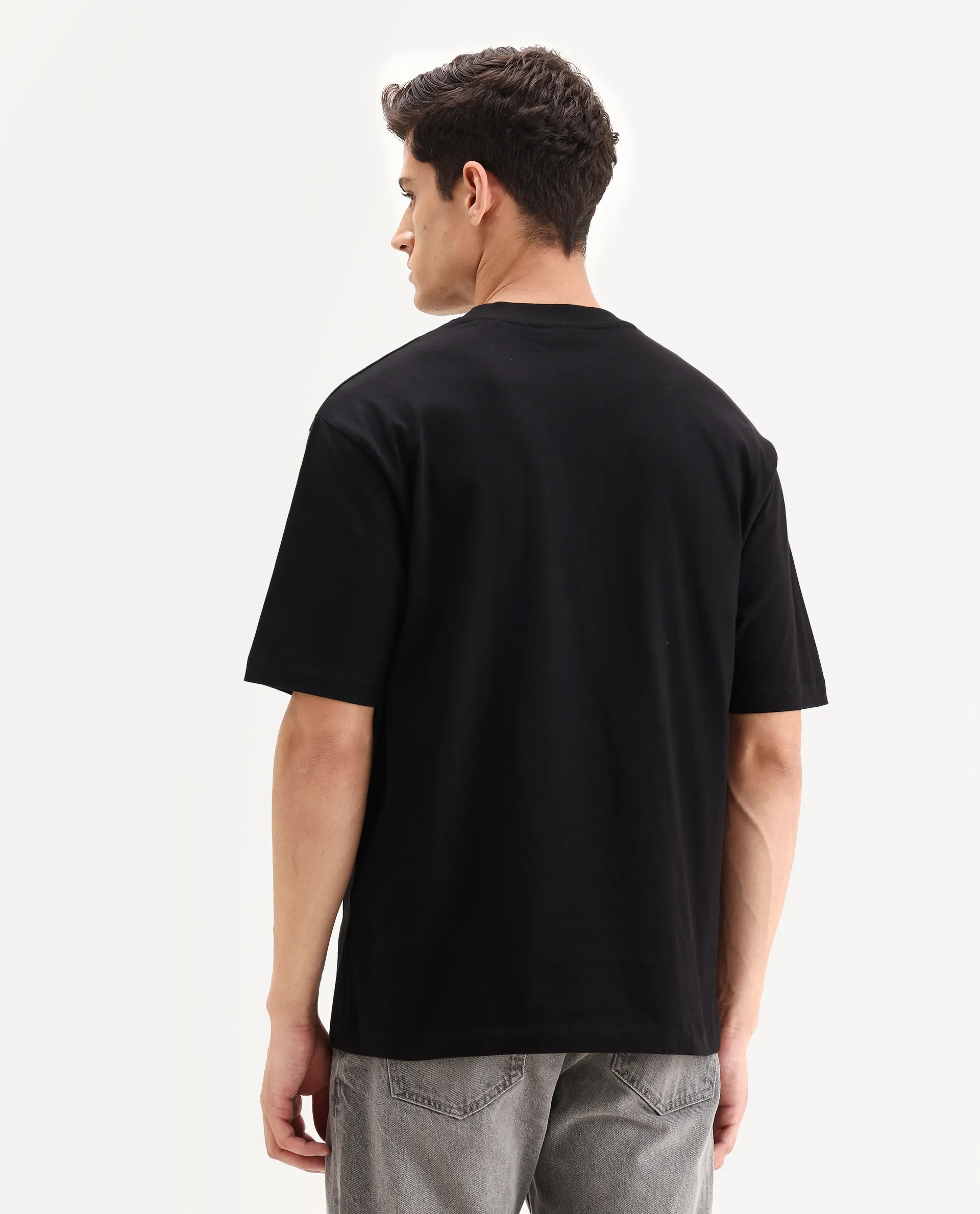 Rare Rabbit Men's Kenzo Black Cotton Embroidered Oversized Fit Half Sleeve Crew Neck T-Shirt - Image 7