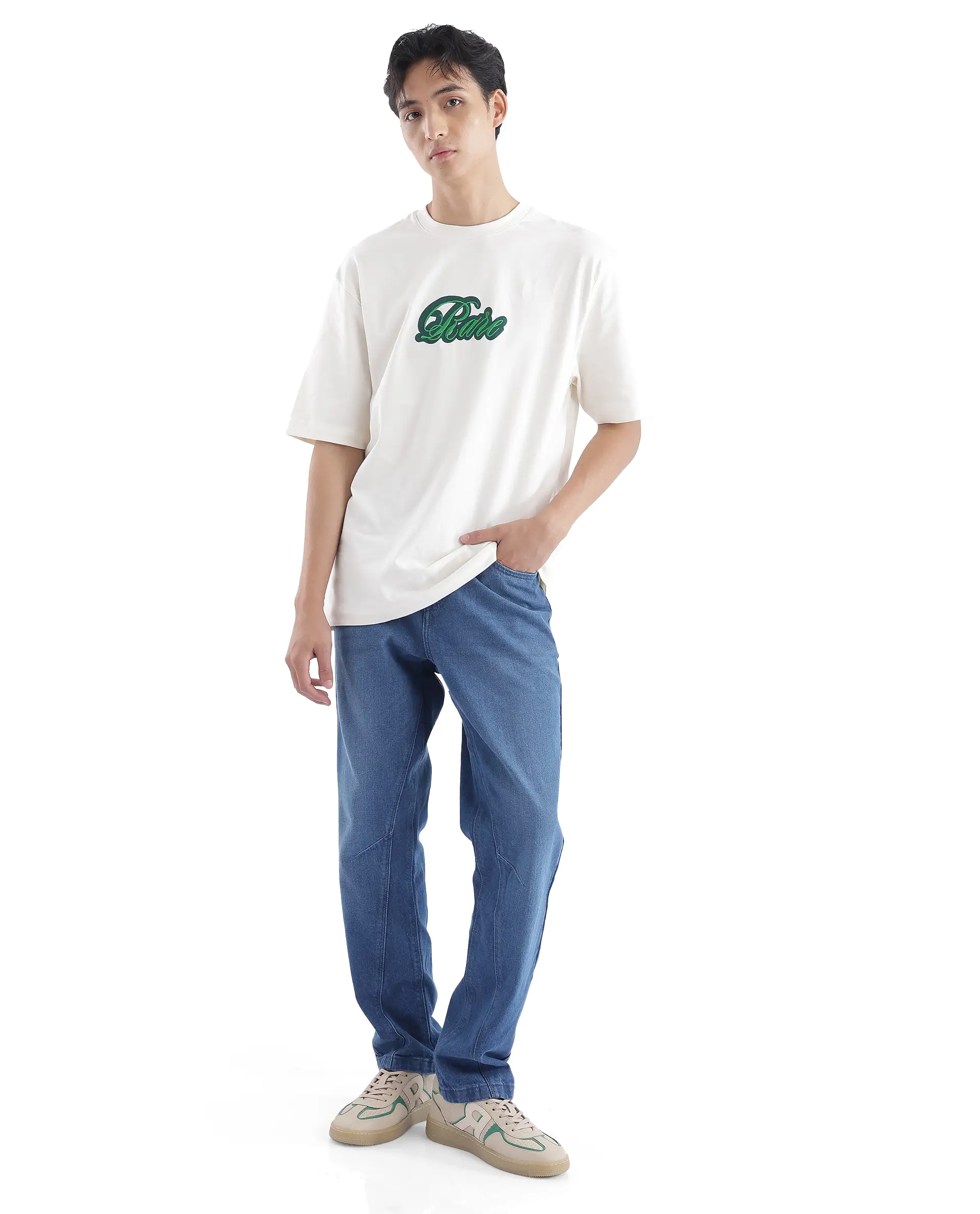 Rare Rabbit Men's Kenzo Off White Cotton Embroidered Oversized Fit Half Sleeve Crew Neck T-Shirt - Image 3