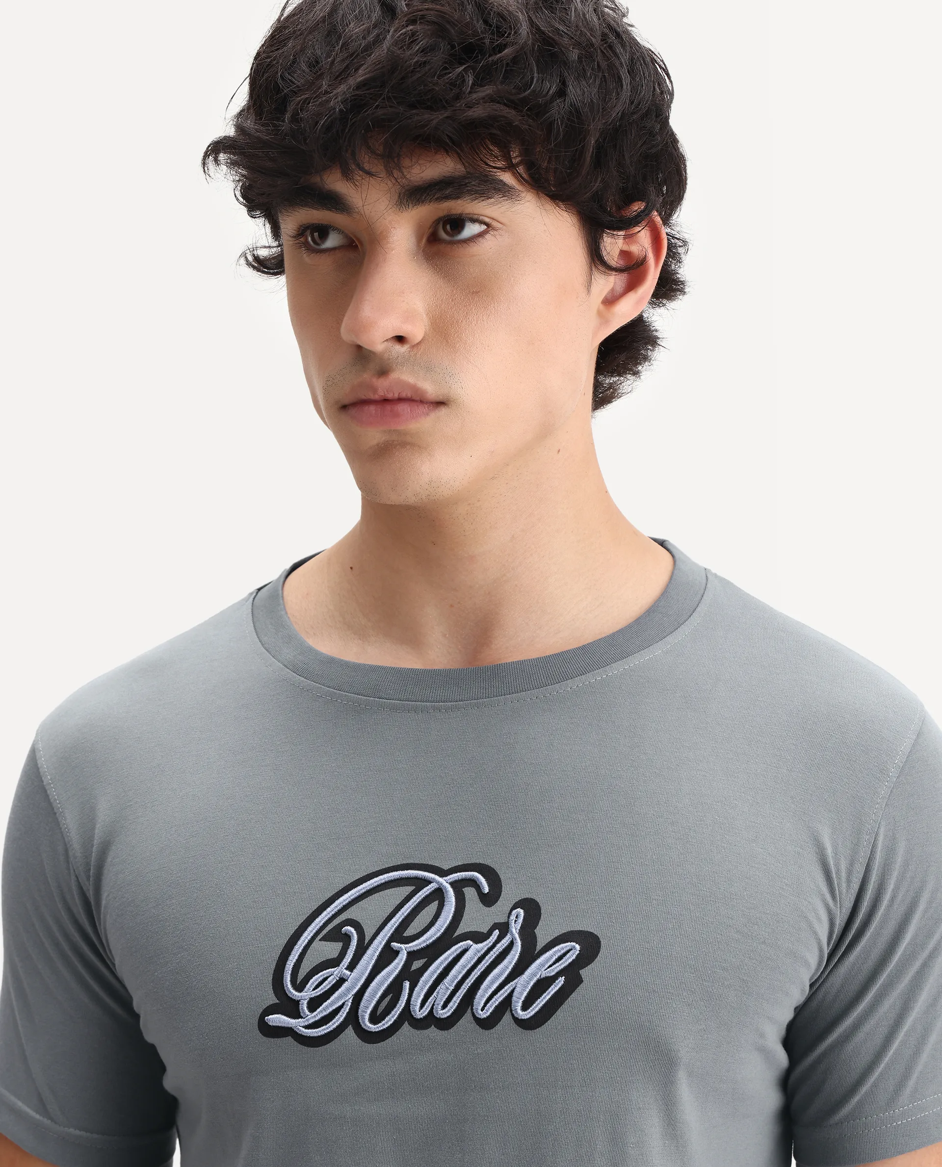 Rare Rabbit Men's Kenzo Olive Cotton Embroidered Oversized Fit Half Sleeve Crew Neck T-Shirt - Image 3