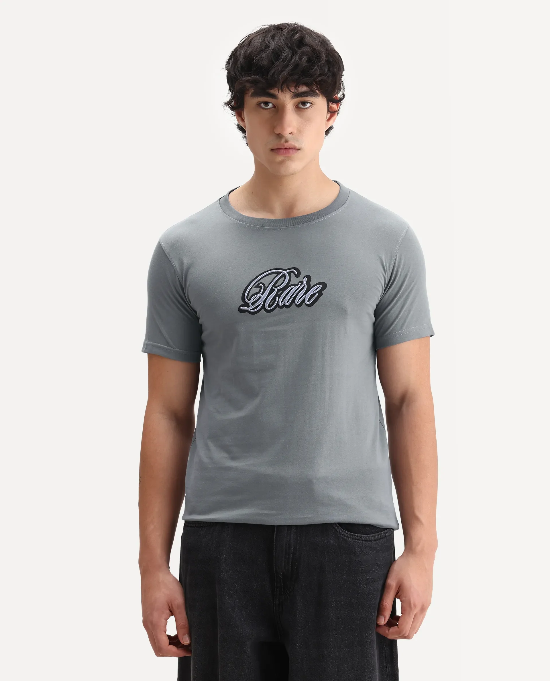Rare Rabbit Men's Kenzo Olive Cotton Embroidered Oversized Fit Half Sleeve Crew Neck T-Shirt - Image 4