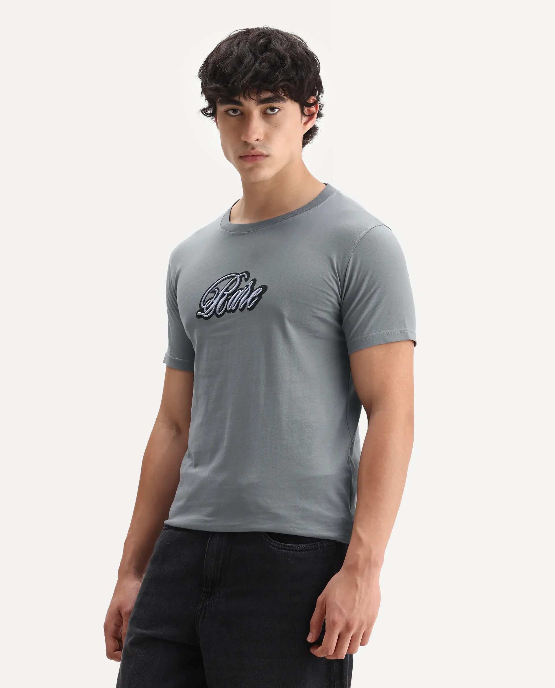 Rare Rabbit Men's Kenzo Olive Cotton Embroidered Oversized Fit Half Sleeve Crew Neck T-Shirt - Image 5