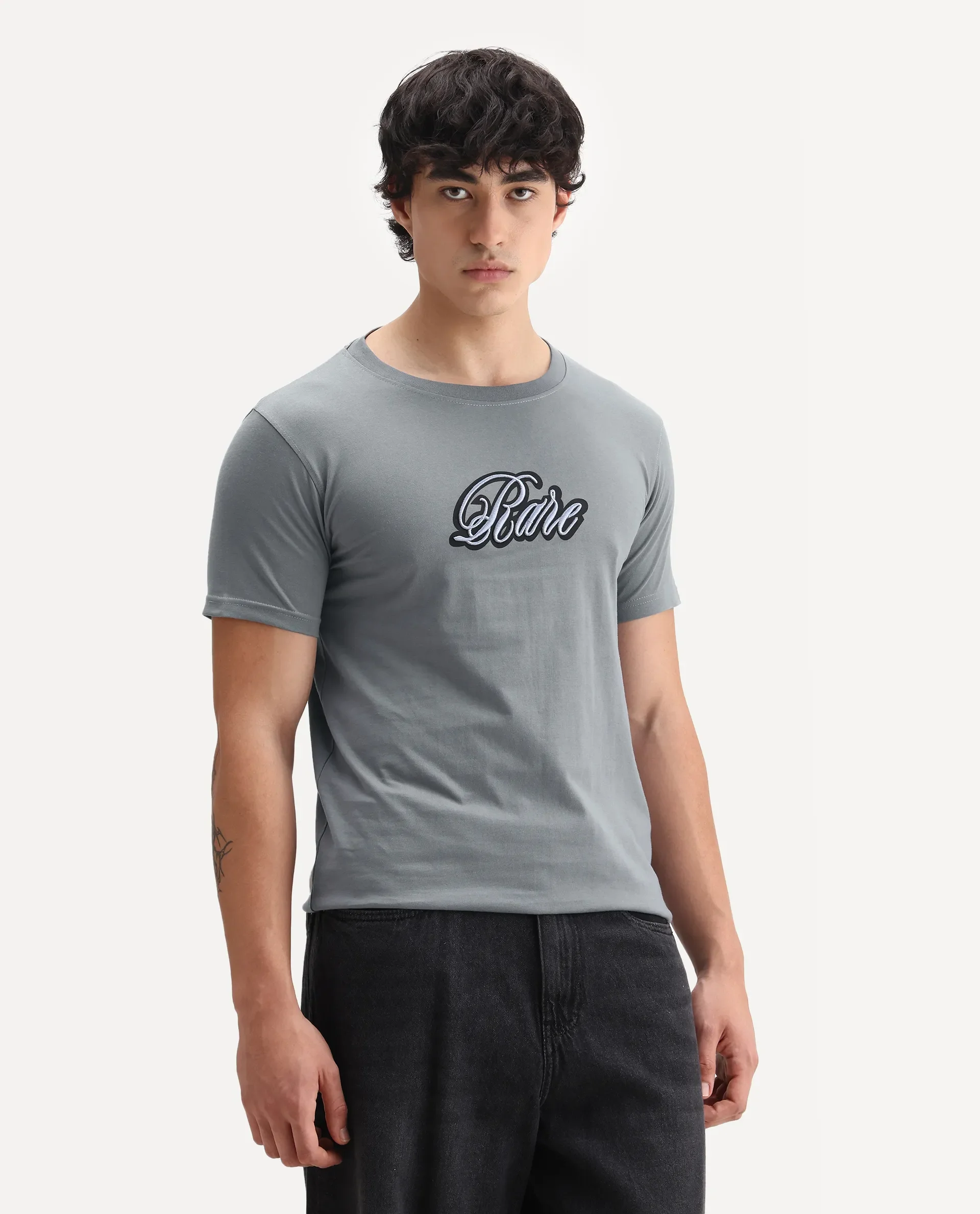 Rare Rabbit Men's Kenzo Olive Cotton Embroidered Oversized Fit Half Sleeve Crew Neck T-Shirt - Image 6