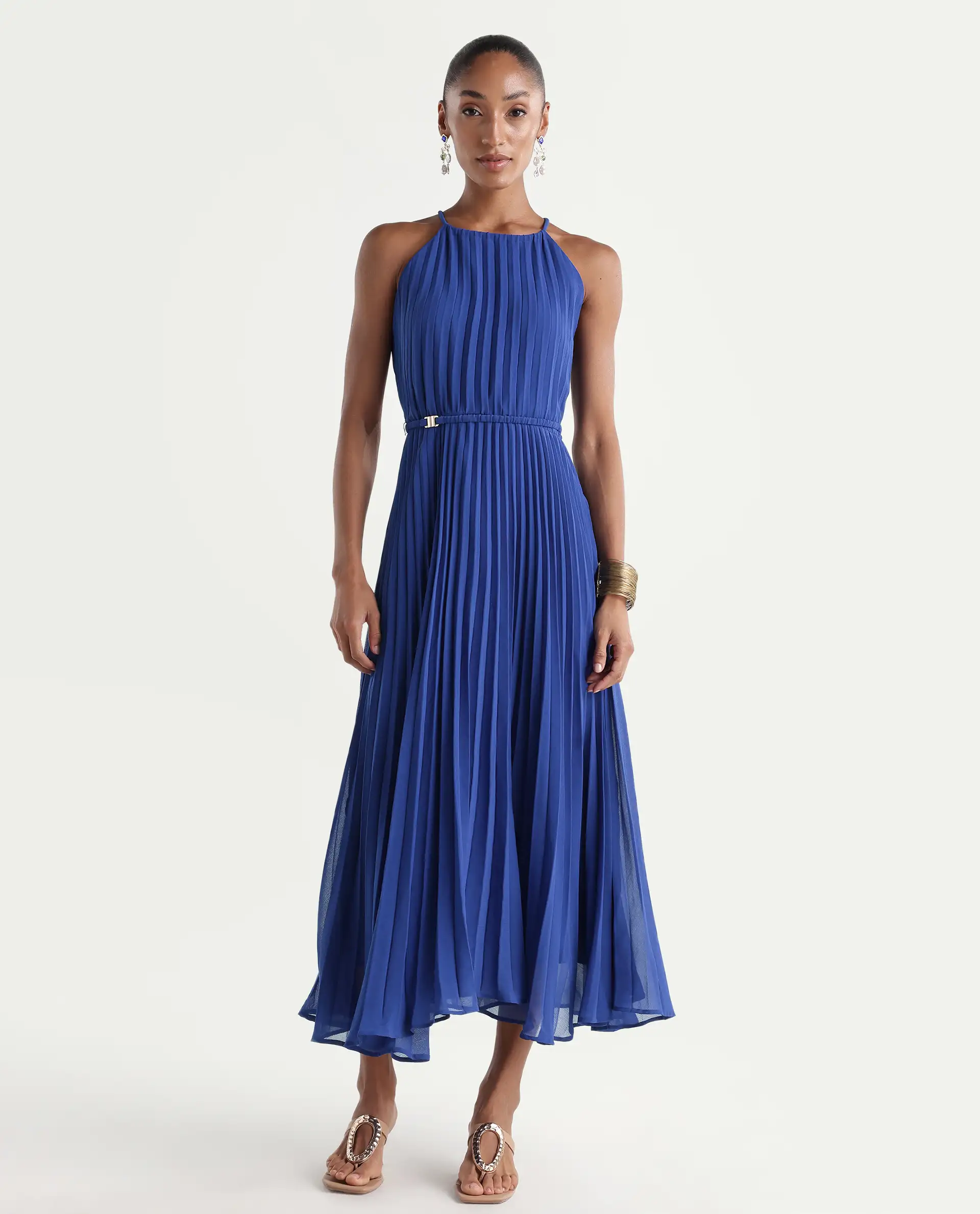 Rareism Women's Keplet Blue Polyester Halter Neck A-Line Plain Dress - Image 2