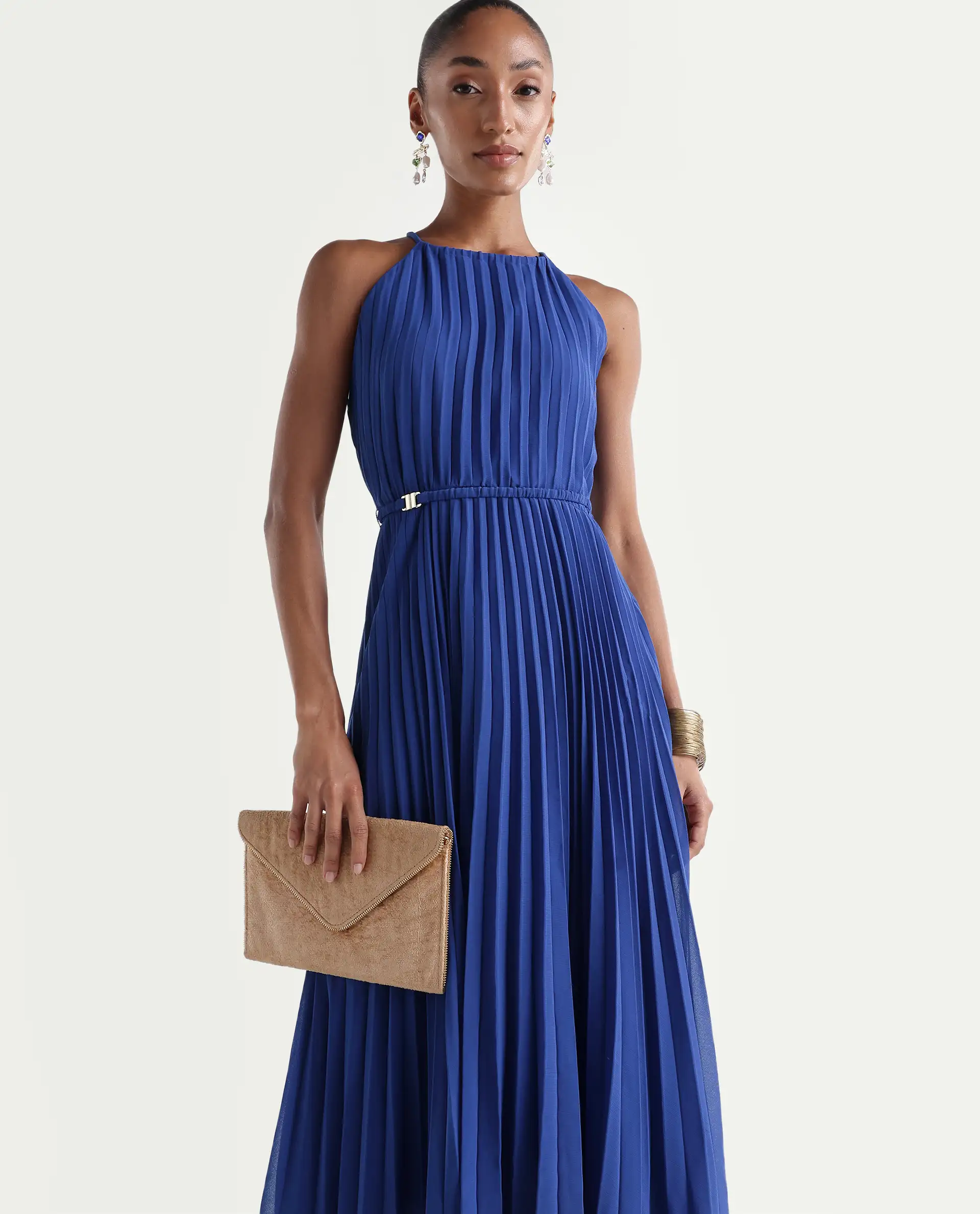 Rareism Women's Keplet Blue Polyester Halter Neck A-Line Plain Dress - Image 3