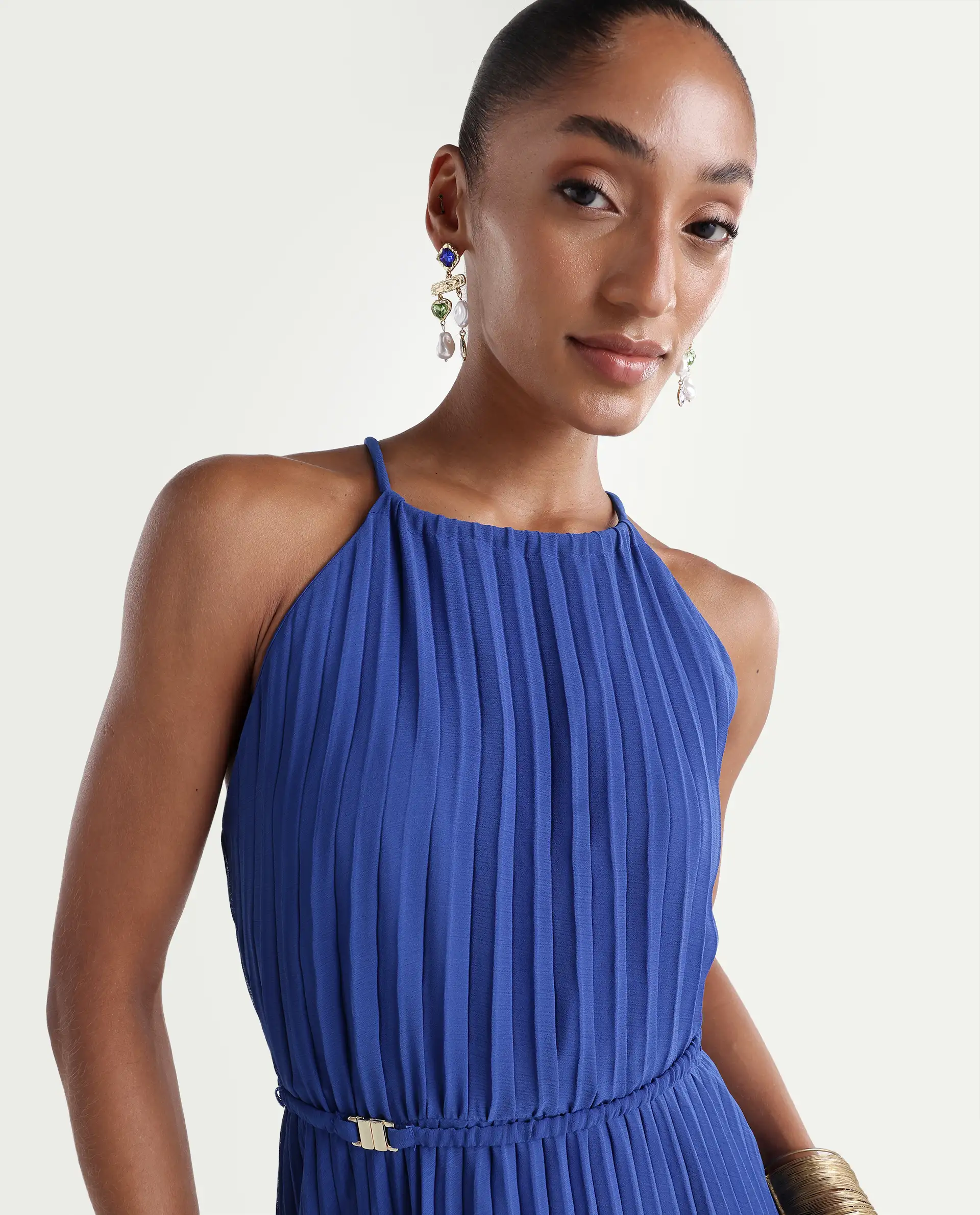 Rareism Women's Keplet Blue Polyester Halter Neck A-Line Plain Dress - Image 4