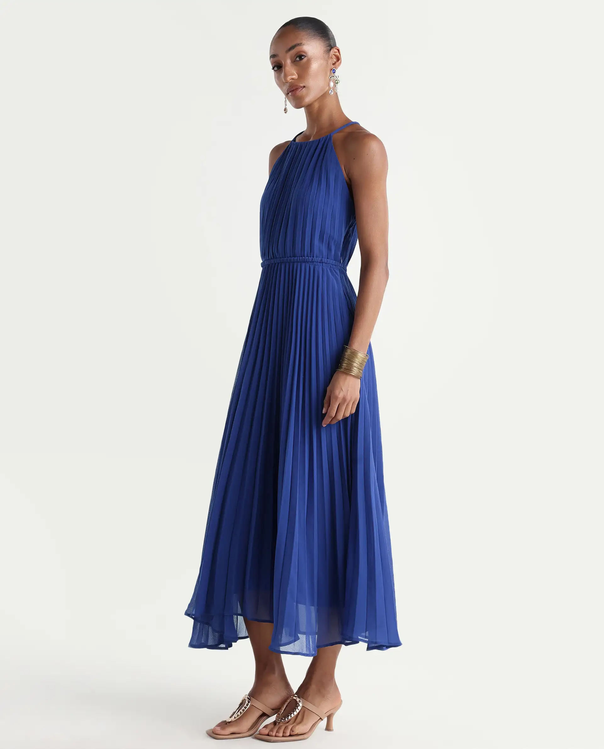 Rareism Women's Keplet Blue Polyester Halter Neck A-Line Plain Dress - Image 5