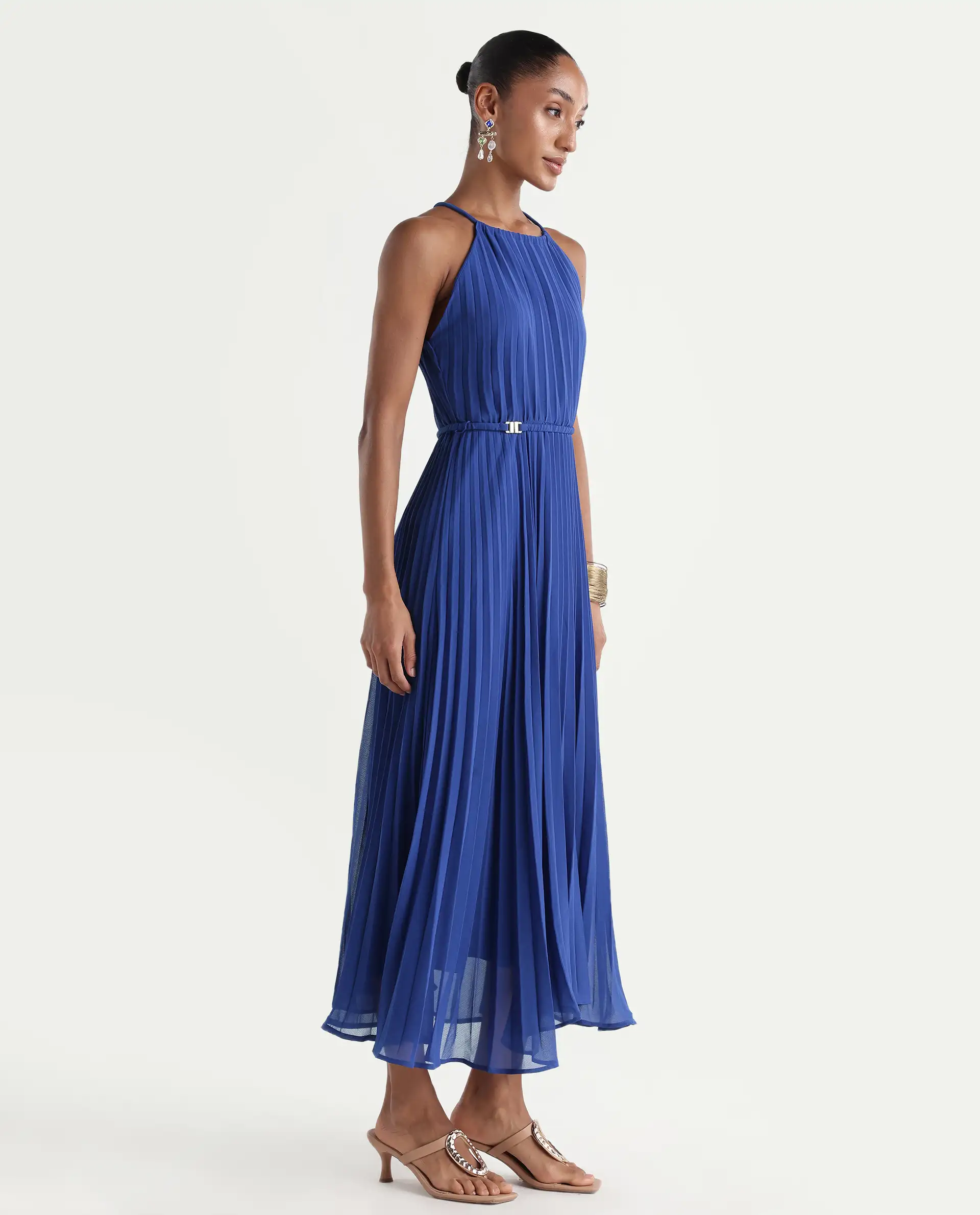 Rareism Women's Keplet Blue Polyester Halter Neck A-Line Plain Dress - Image 6