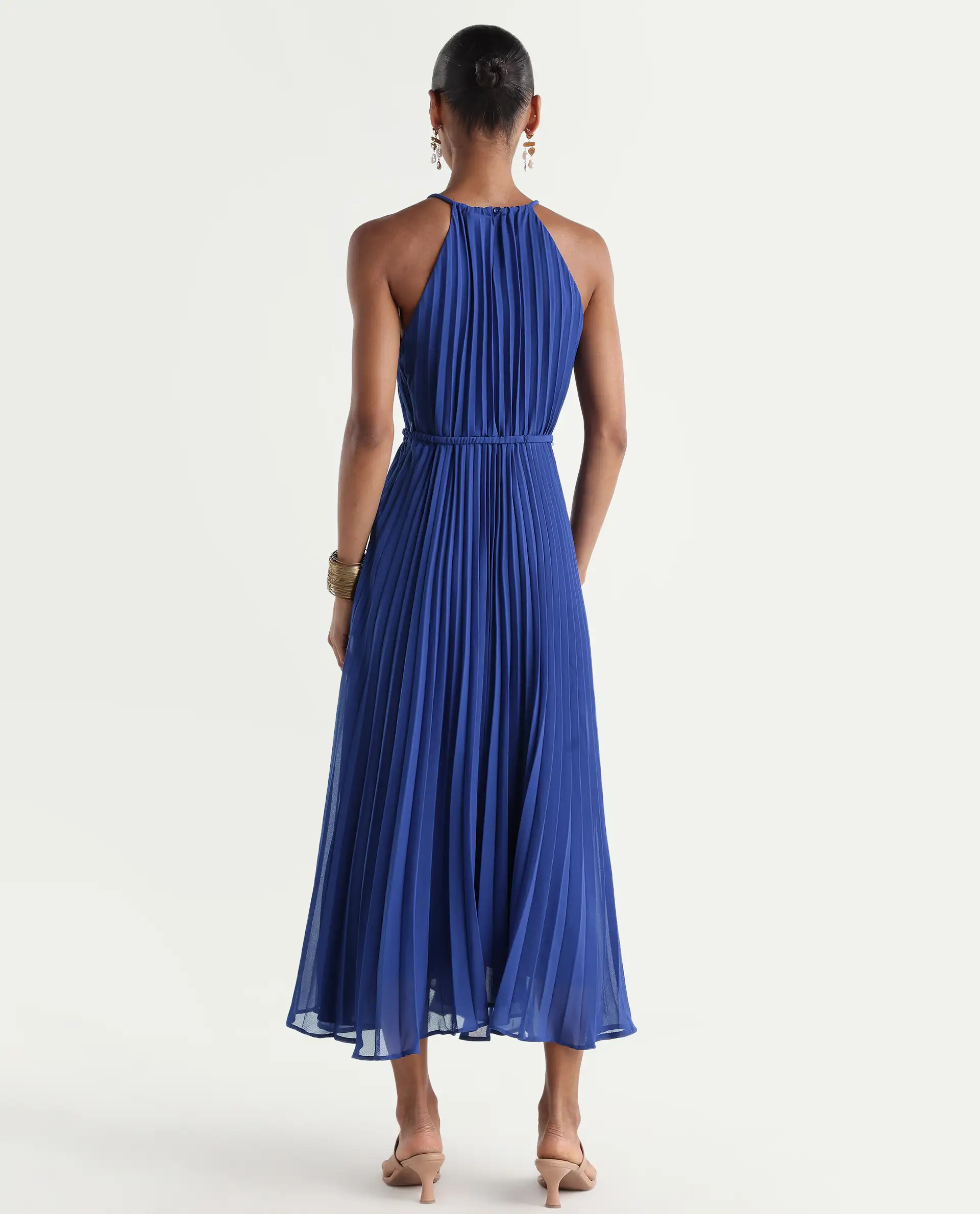 Rareism Women's Keplet Blue Polyester Halter Neck A-Line Plain Dress - Image 7